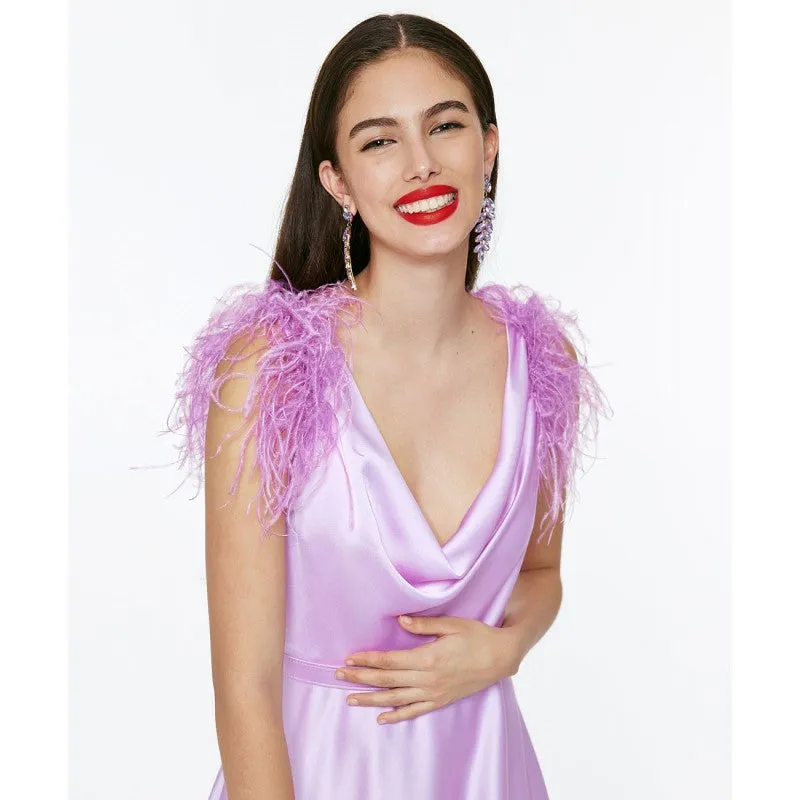 Access Maxi Satin Dress With Feathers