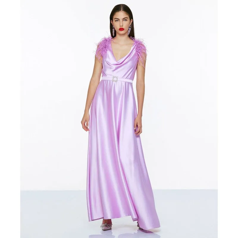 Access Maxi Satin Dress With Feathers