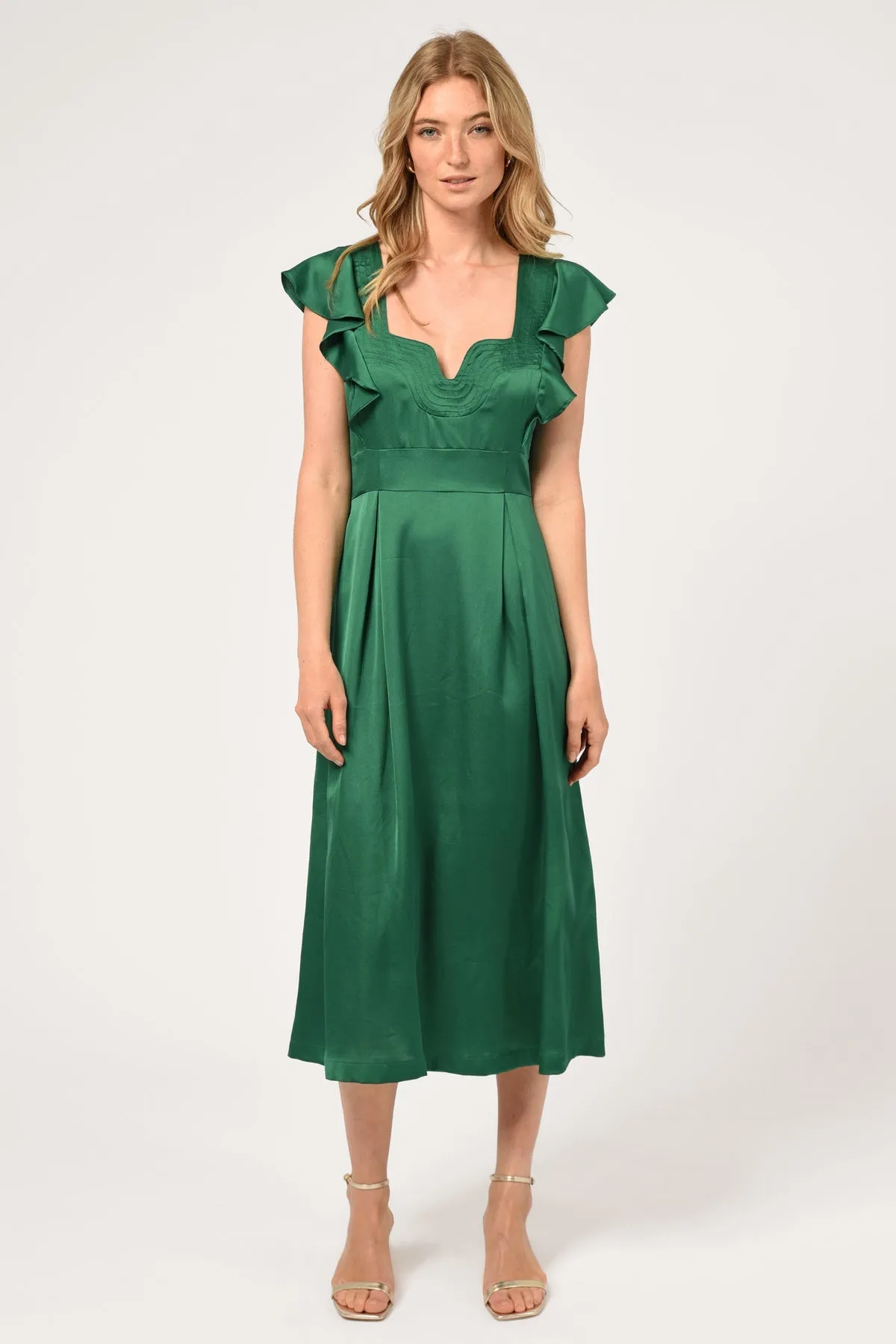 Adelyn Rae Diana Flutter Sleeve Midi Dress in Emerald Green