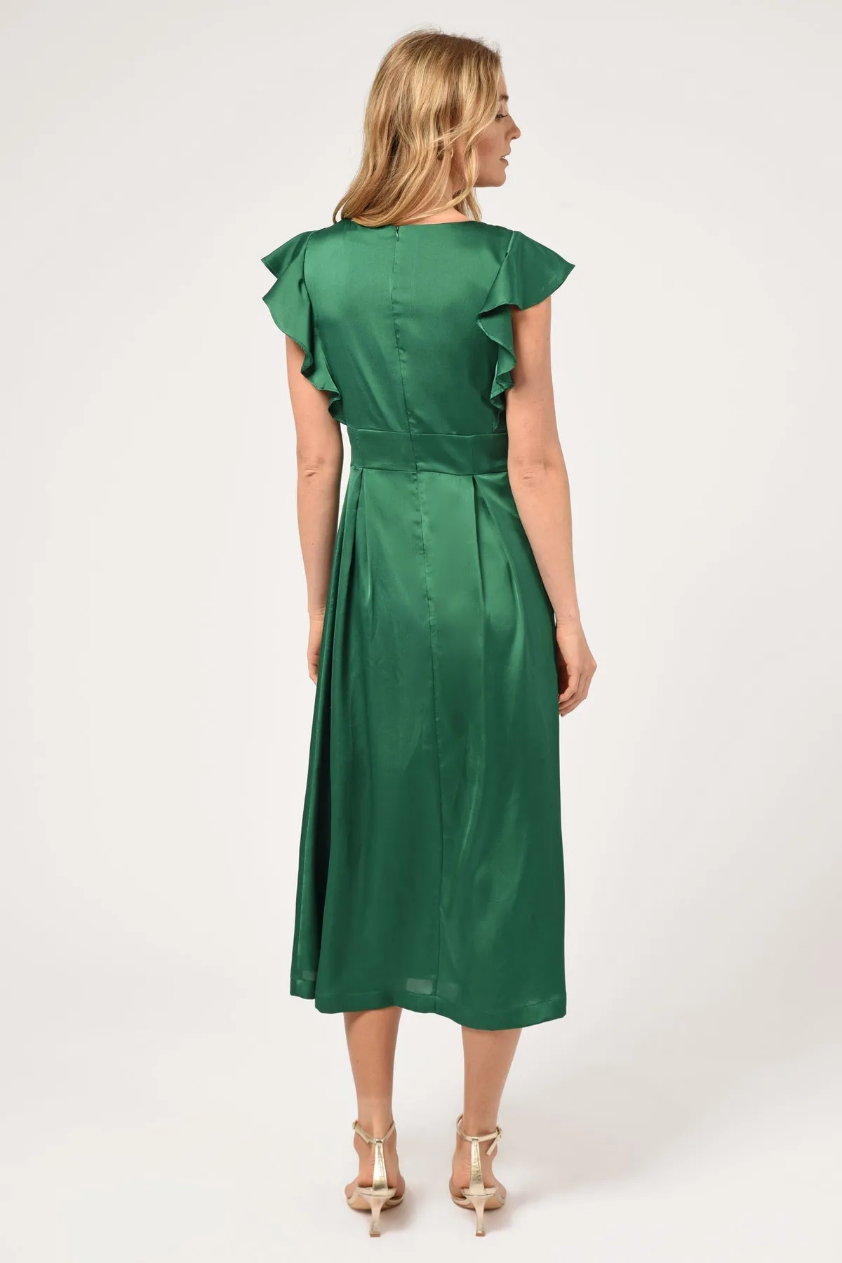 Adelyn Rae Diana Flutter Sleeve Midi Dress in Emerald Green