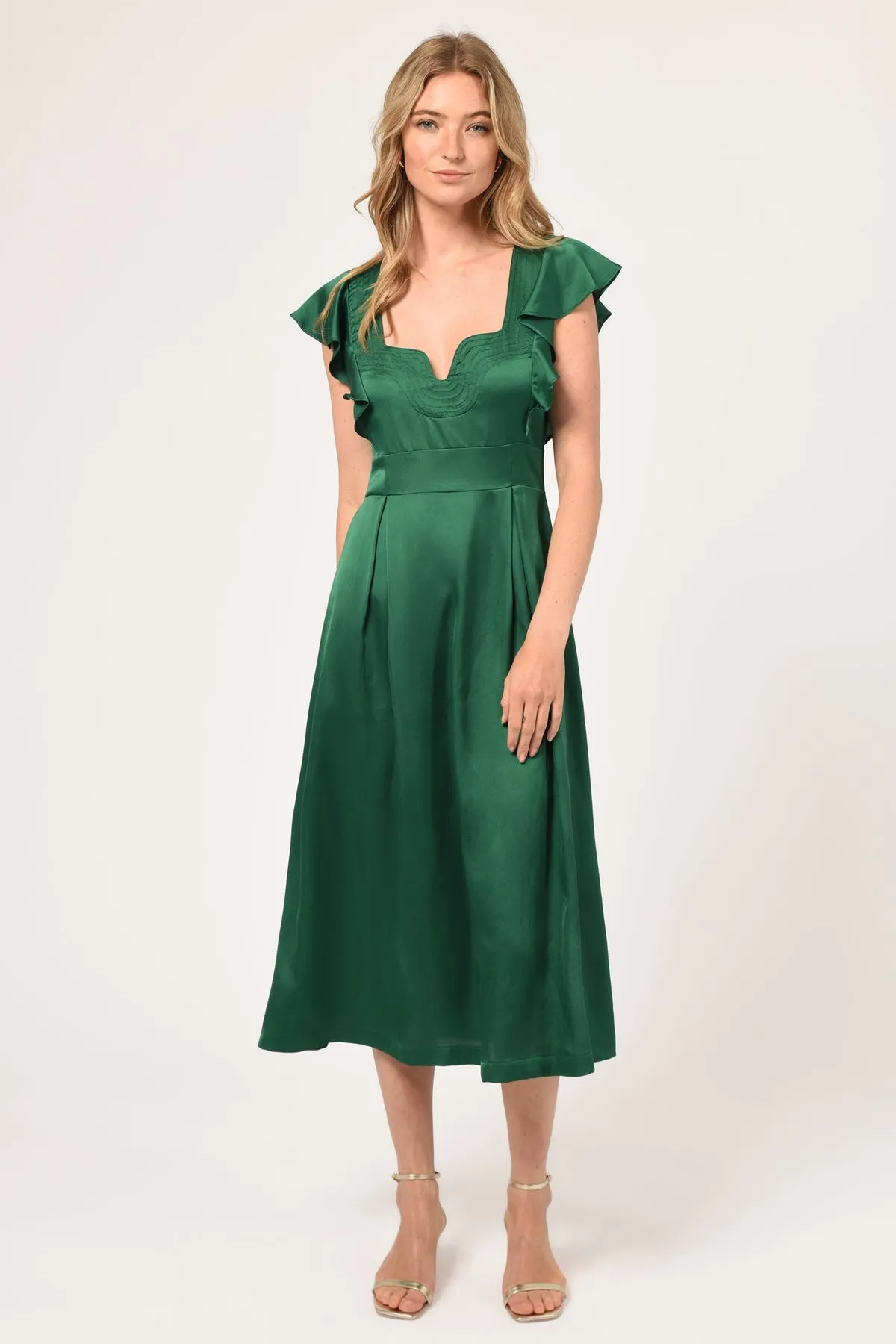 Adelyn Rae Diana Flutter Sleeve Midi Dress in Emerald Green