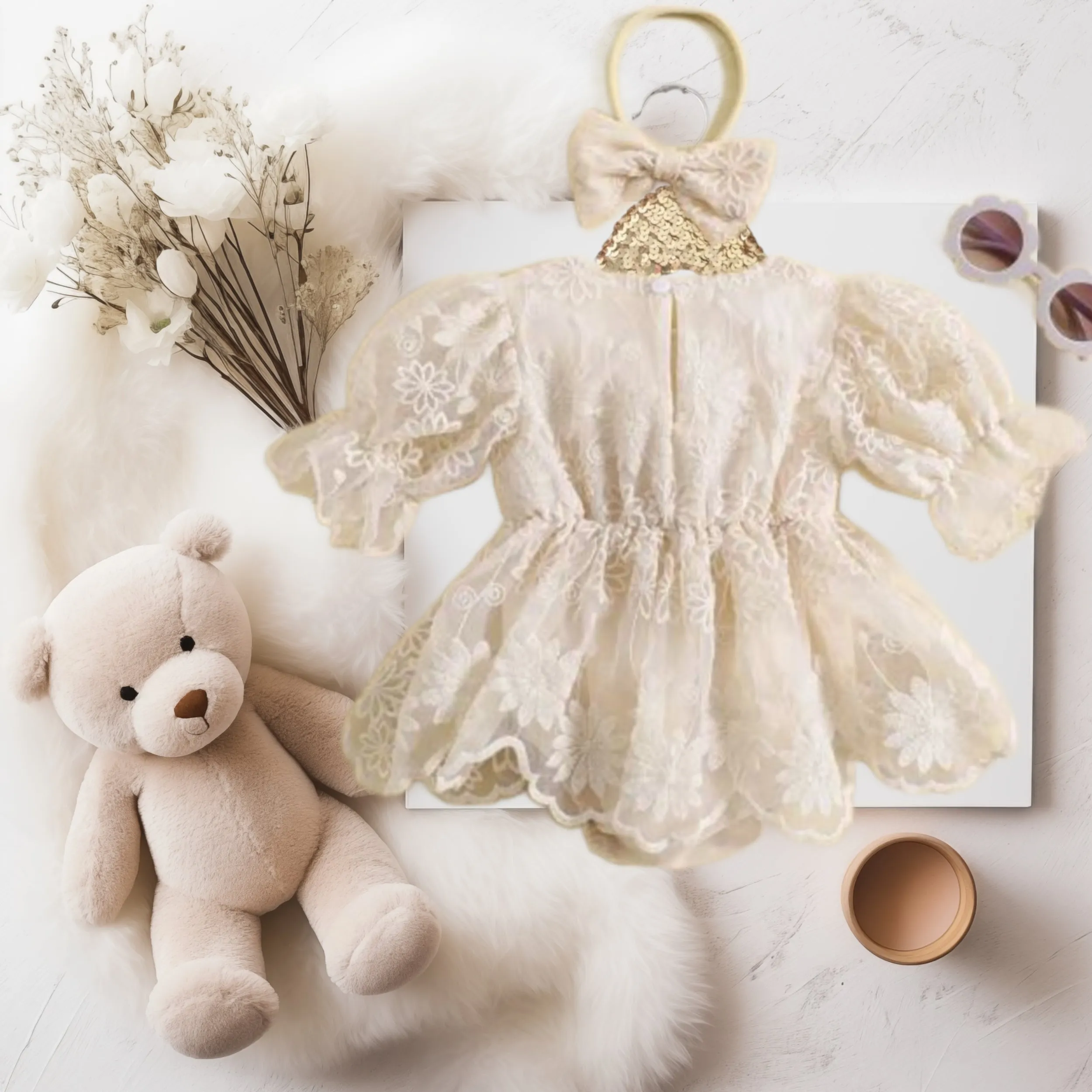 Baby Girls Ivory/White Lace Vintage Romper