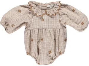 BEBE ORGANIC SAND CHECKERED FLORAL SCALLOP COLLAR ROMPER