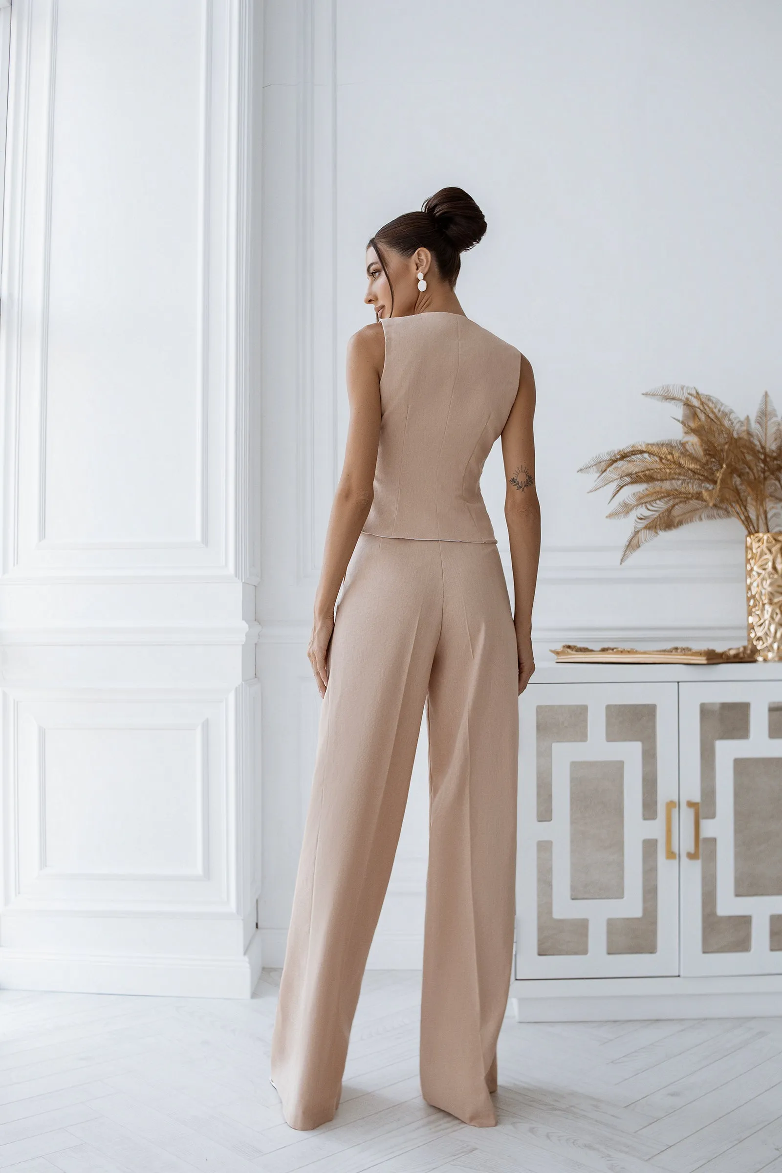 Beige Formal Vest  & High Waist Pants