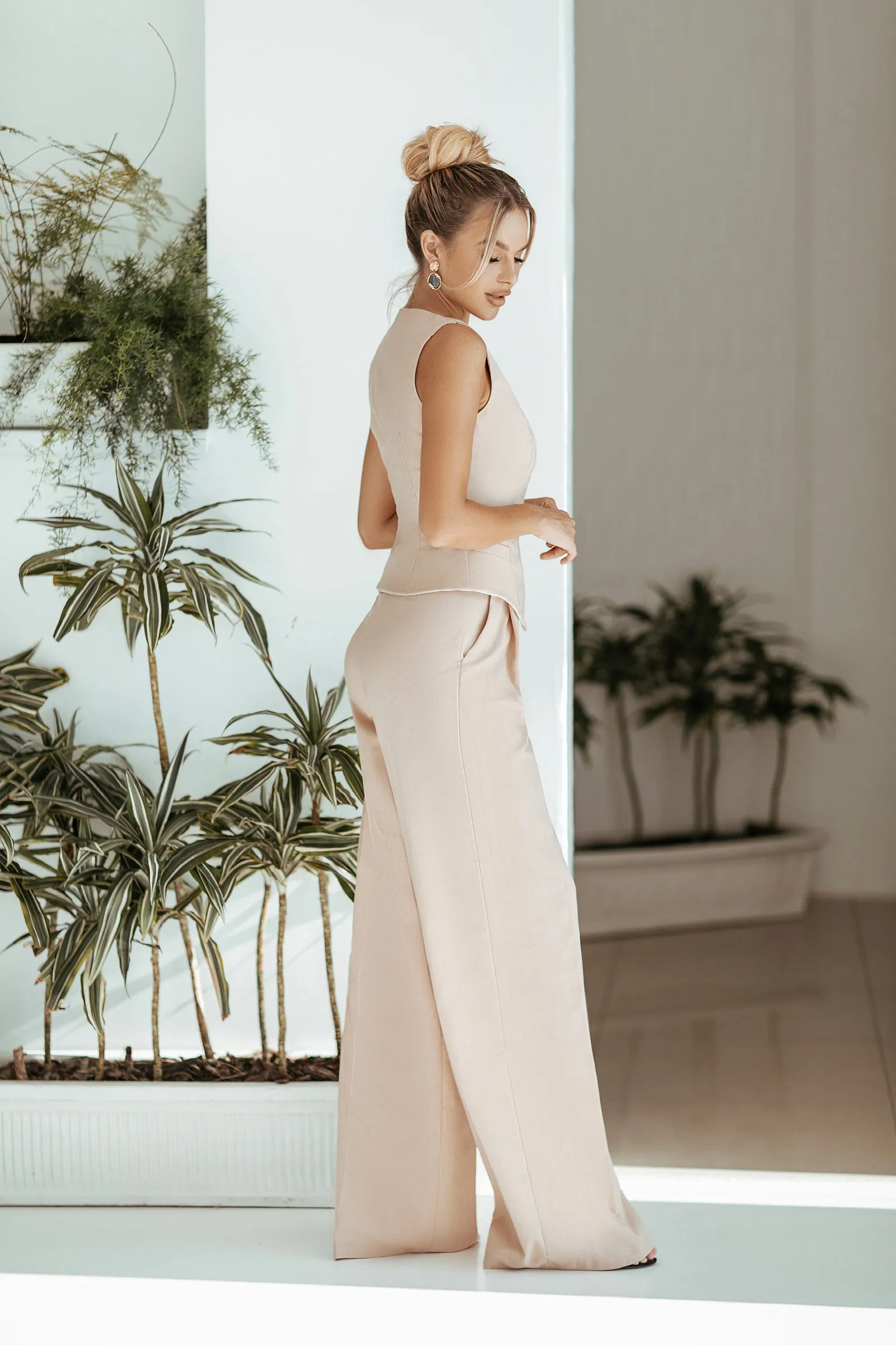 Beige Formal Vest  & High Waist Pants