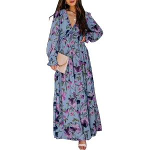 Blencot Casual Floral Deep V Neck Long Sleeve Dress, blue