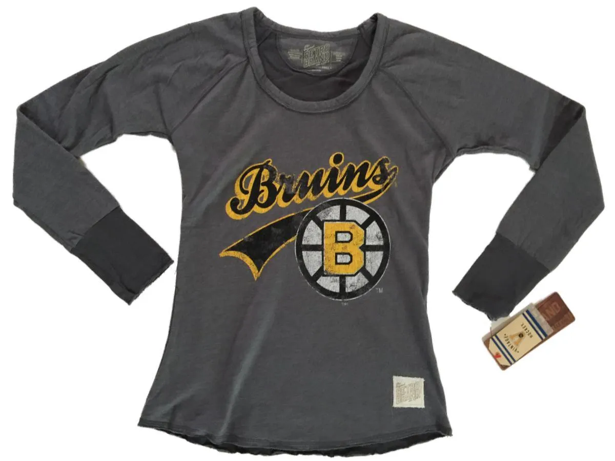 Boston Bruins Retro Brand WOMEN Gray Thick Long Sleeve Cuffed T-Shirt