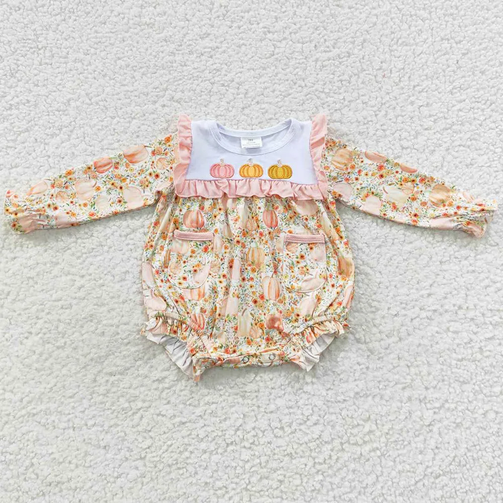 Boutique Pumpkin Embroidery Baby Girls Romper LR0450