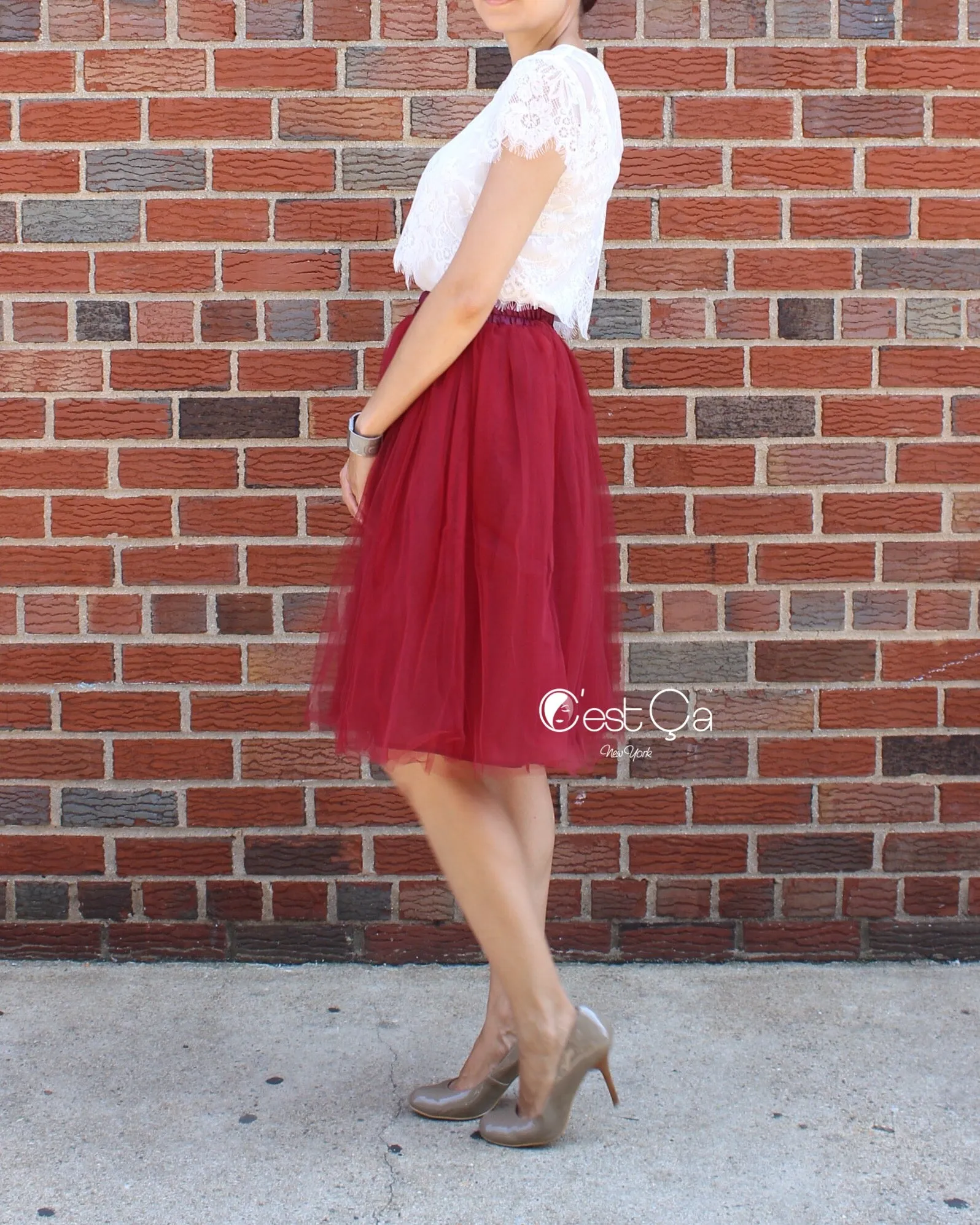 Claire Burgundy Soft Tulle Skirt - Midi