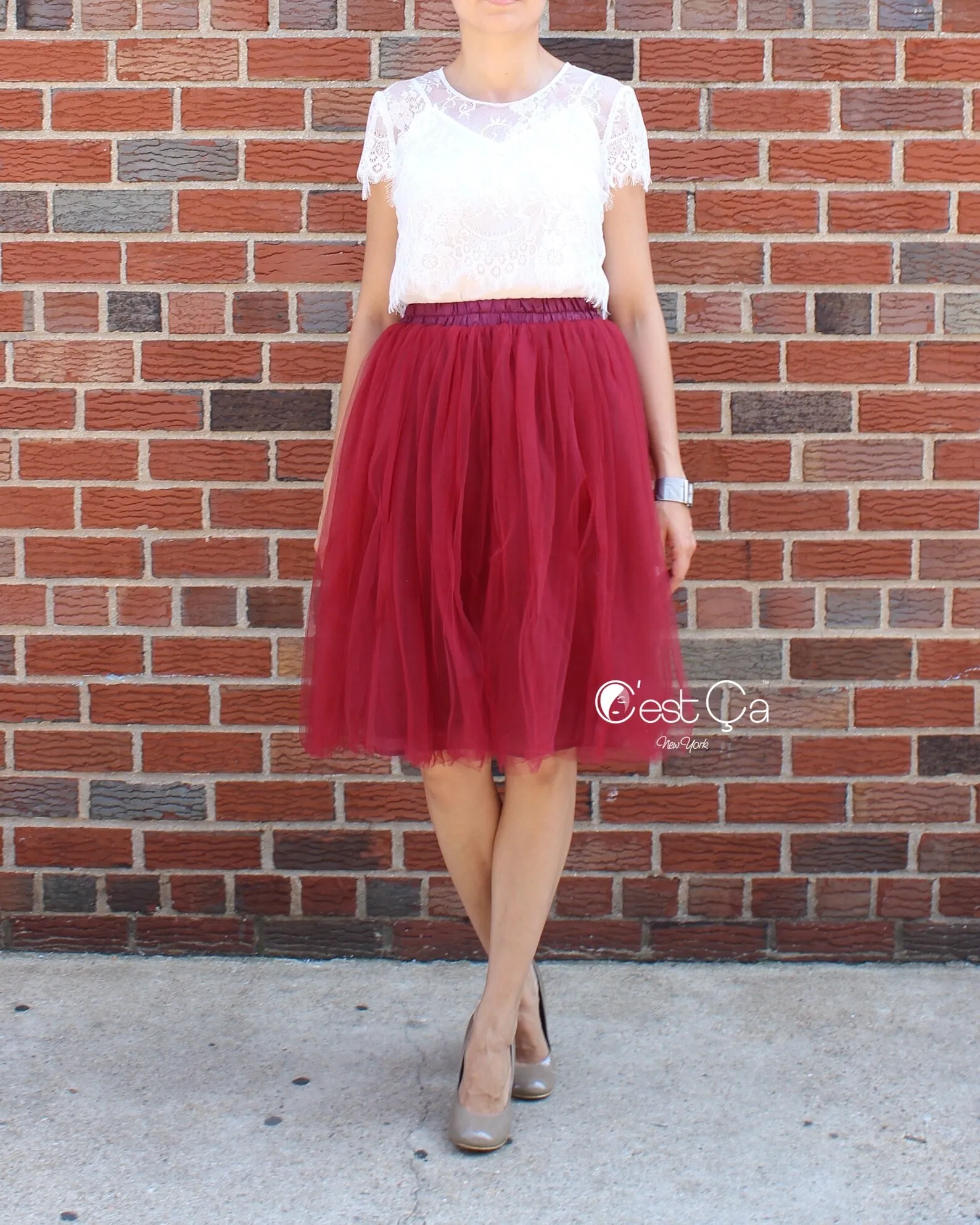 Claire Burgundy Soft Tulle Skirt - Midi