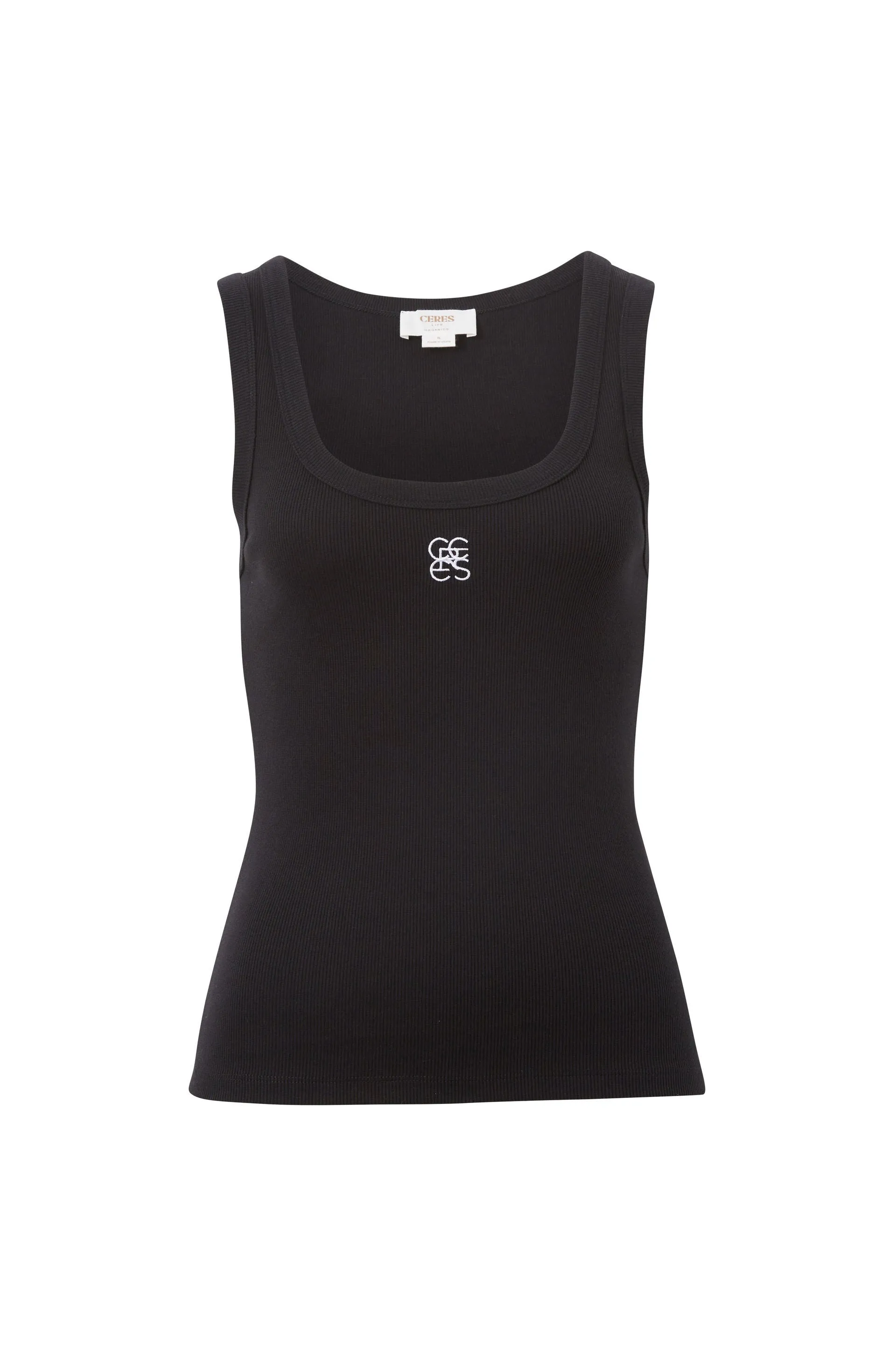 Contour Rib Scoop Tank - Black w/ White Monogram