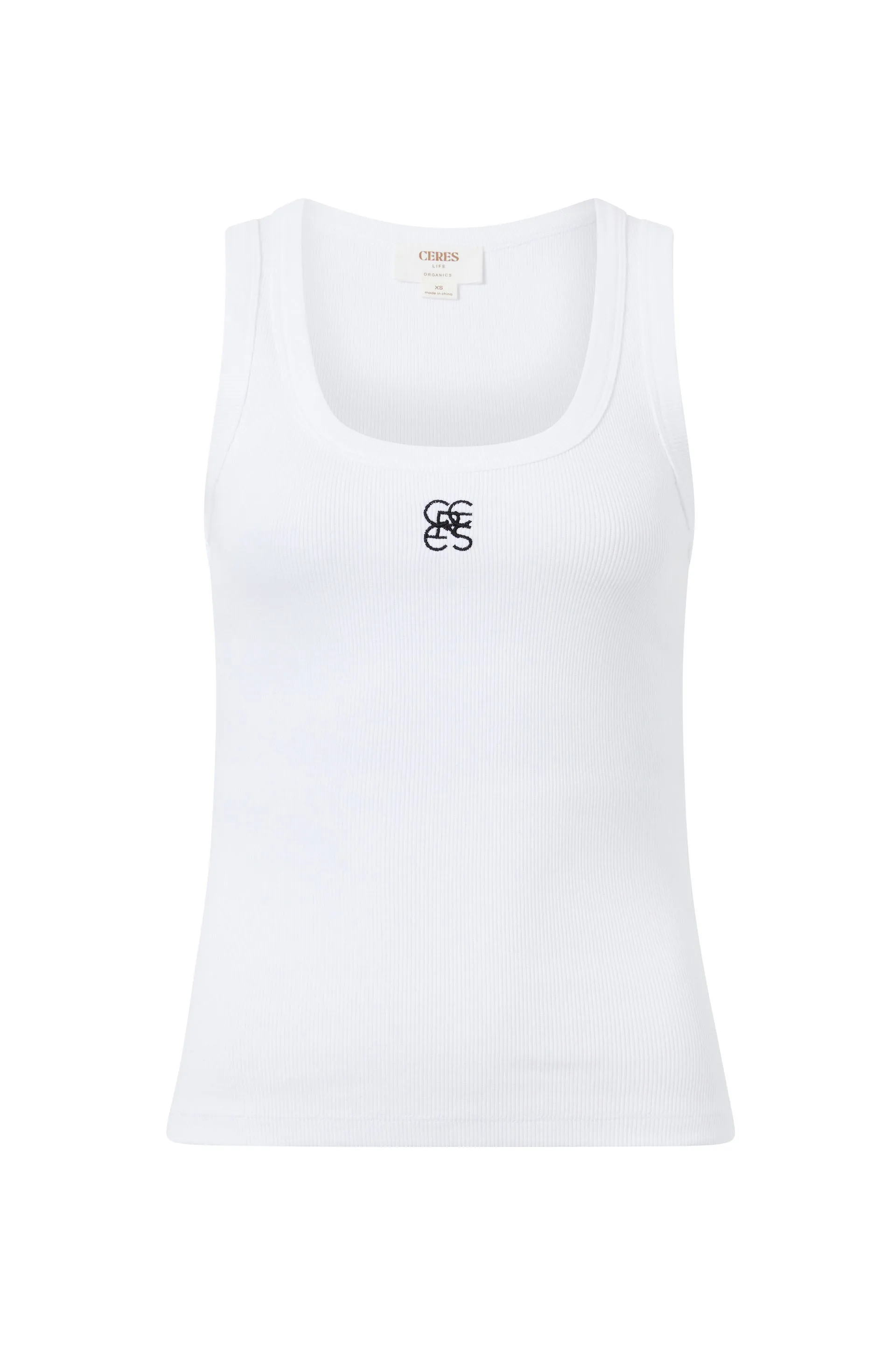 Contour Rib Scoop Tank - White w/ Black Monogram