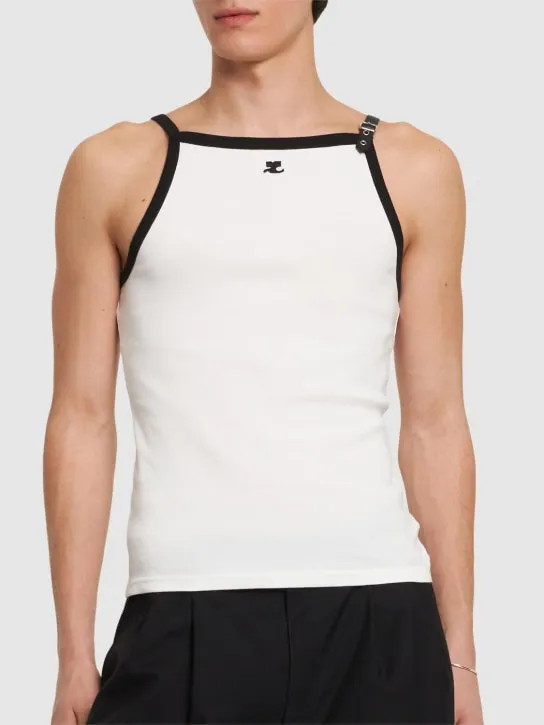 Courreges   Logo embroidery cotton tank top w/buckle 