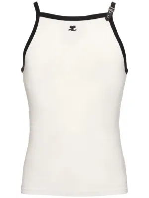 Courreges   Logo embroidery cotton tank top w/buckle 