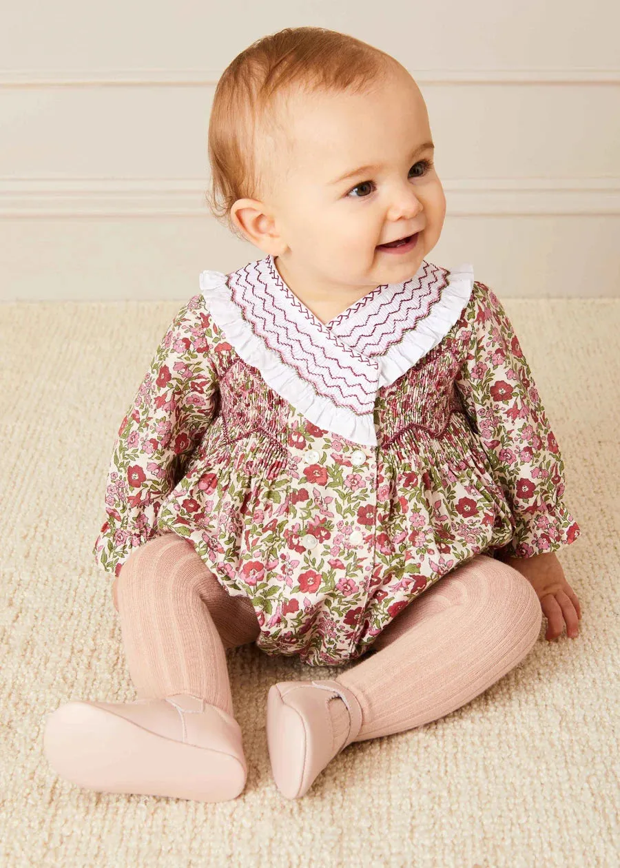 Daphne Floral Handsmocked Romper in Pink (6mths-2yrs)