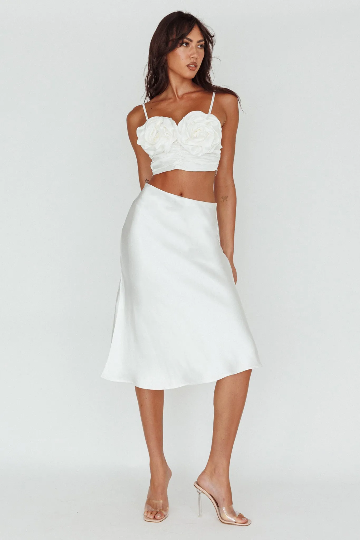 Daze Satin Midi Skirt Cream