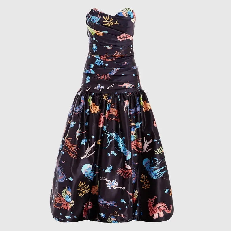 Delphine Bustier Midi Dress - Twilight Print in Black