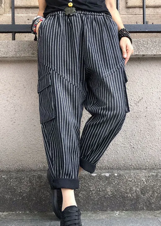 DIY Black high waist Striped denim harem pants Spring