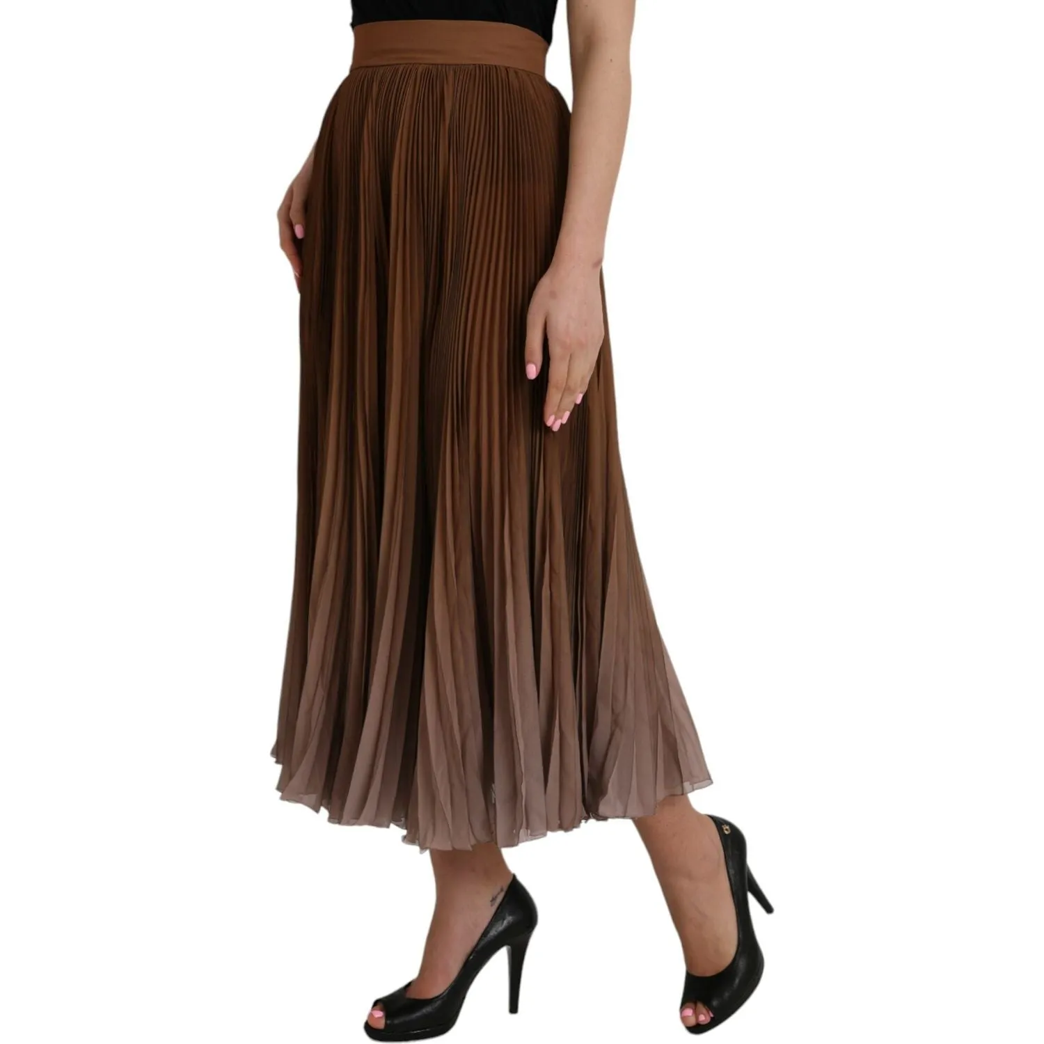 Dolce & Gabbana Brown Polyester Pleated High Waist Midi Skirt