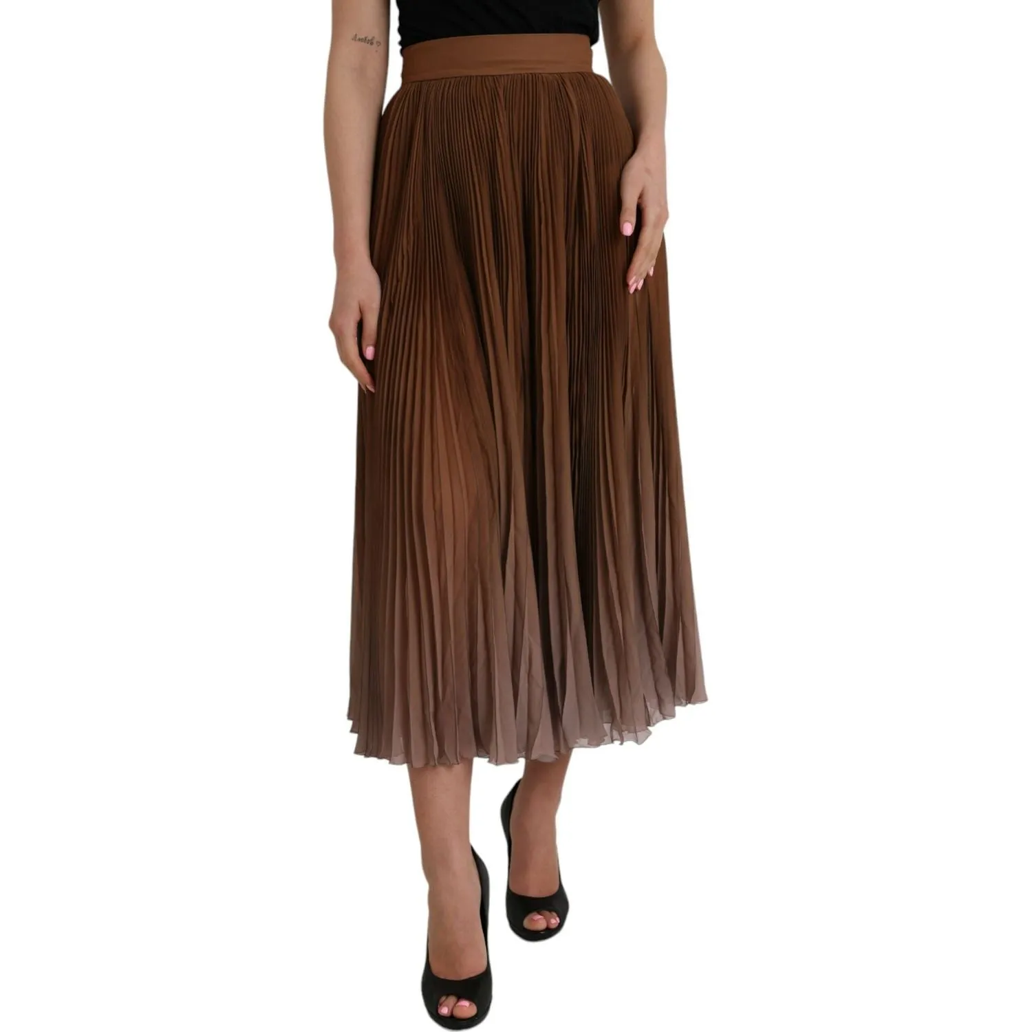 Dolce & Gabbana Brown Polyester Pleated High Waist Midi Skirt