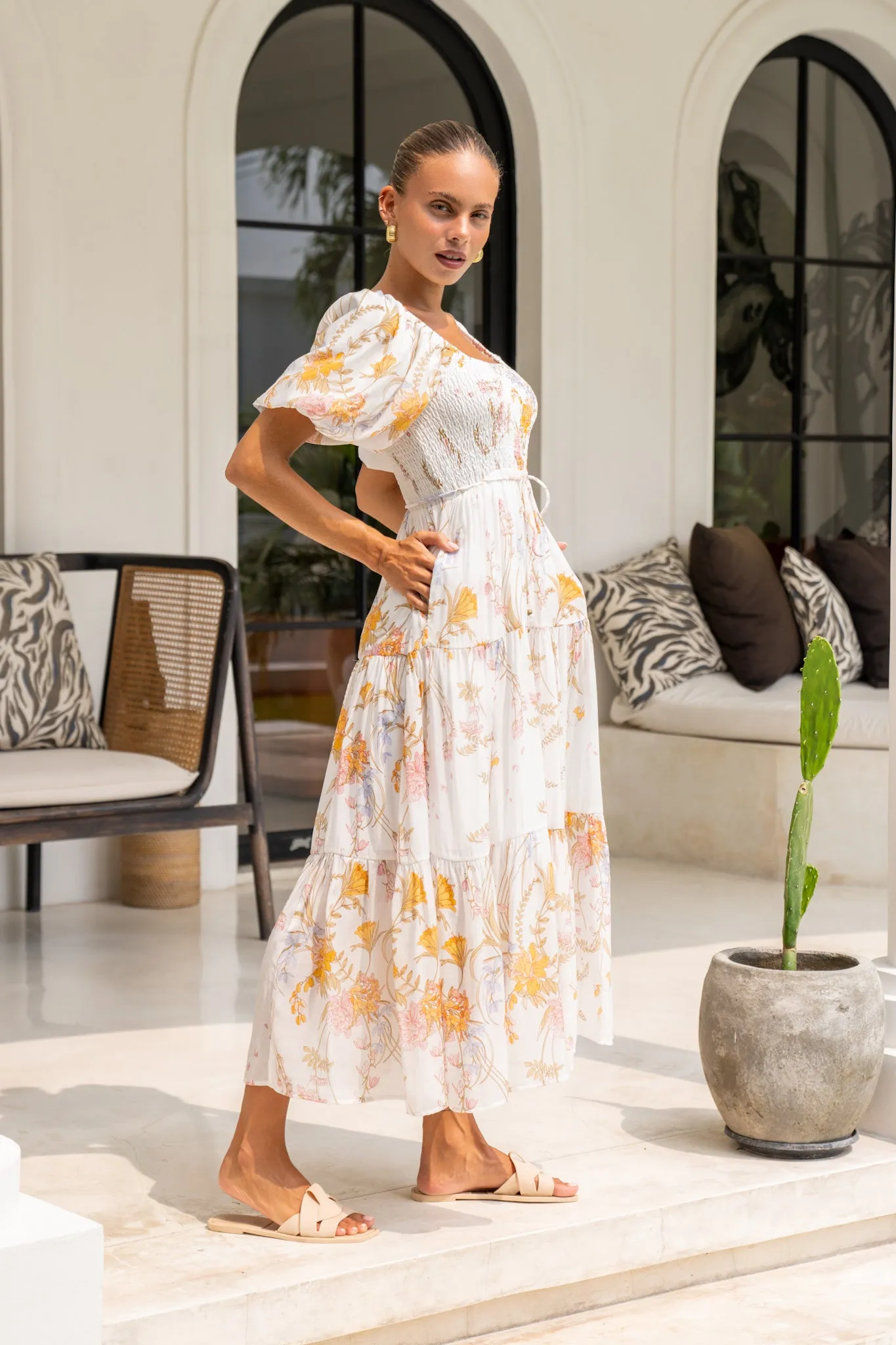 Emmeline Yellow Floral Puff Sleeve Midi Dress