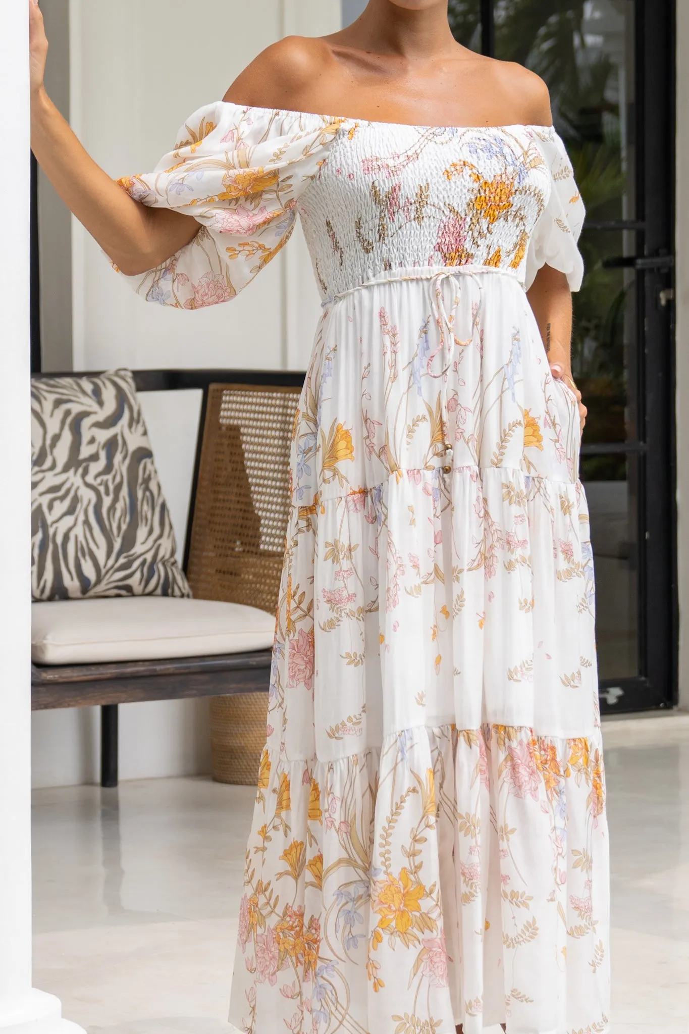 Emmeline Yellow Floral Puff Sleeve Midi Dress