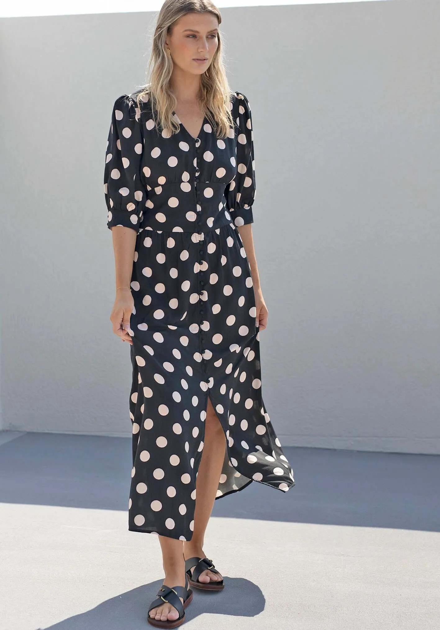 Evertime Polka Dot Button Through Midi Dress