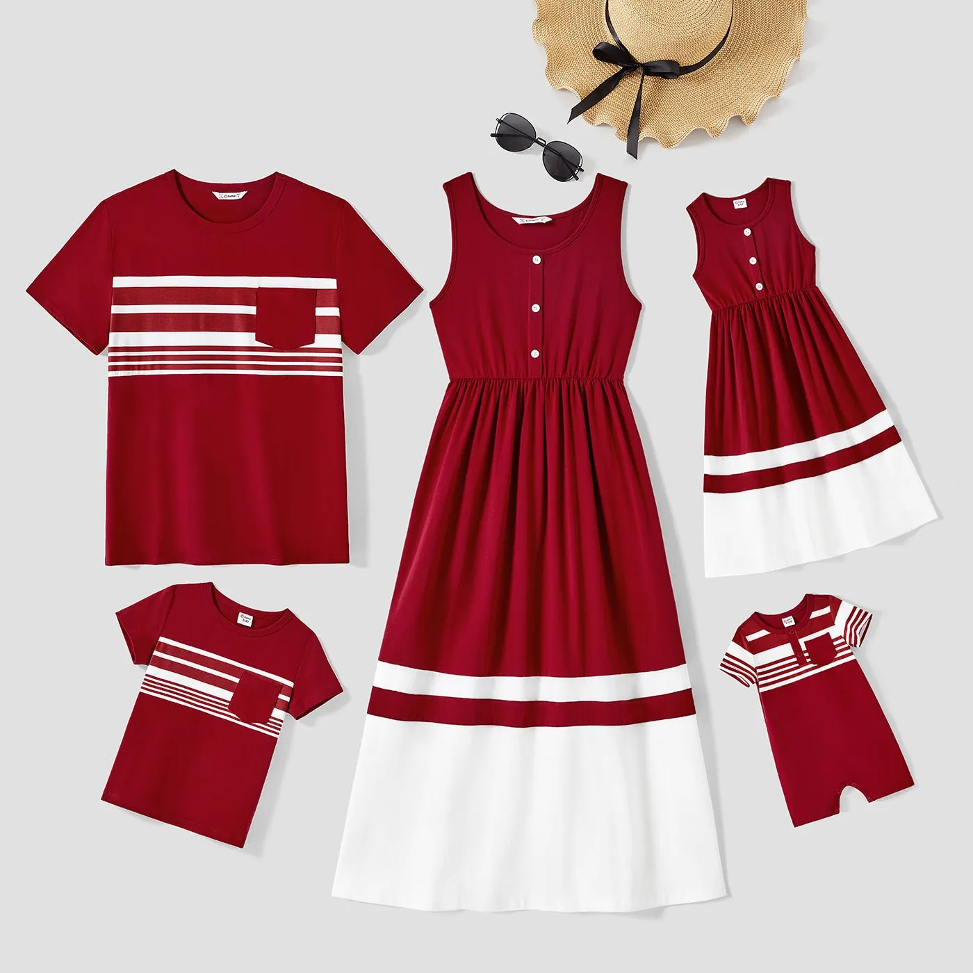 Family Matching Cotton Short-sleeve Spliced Striped Naia? T-shirts and Button Front Tank Dresses Sets