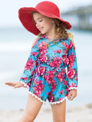 Fancy Flower Cold Shoulder Drawstring Romper