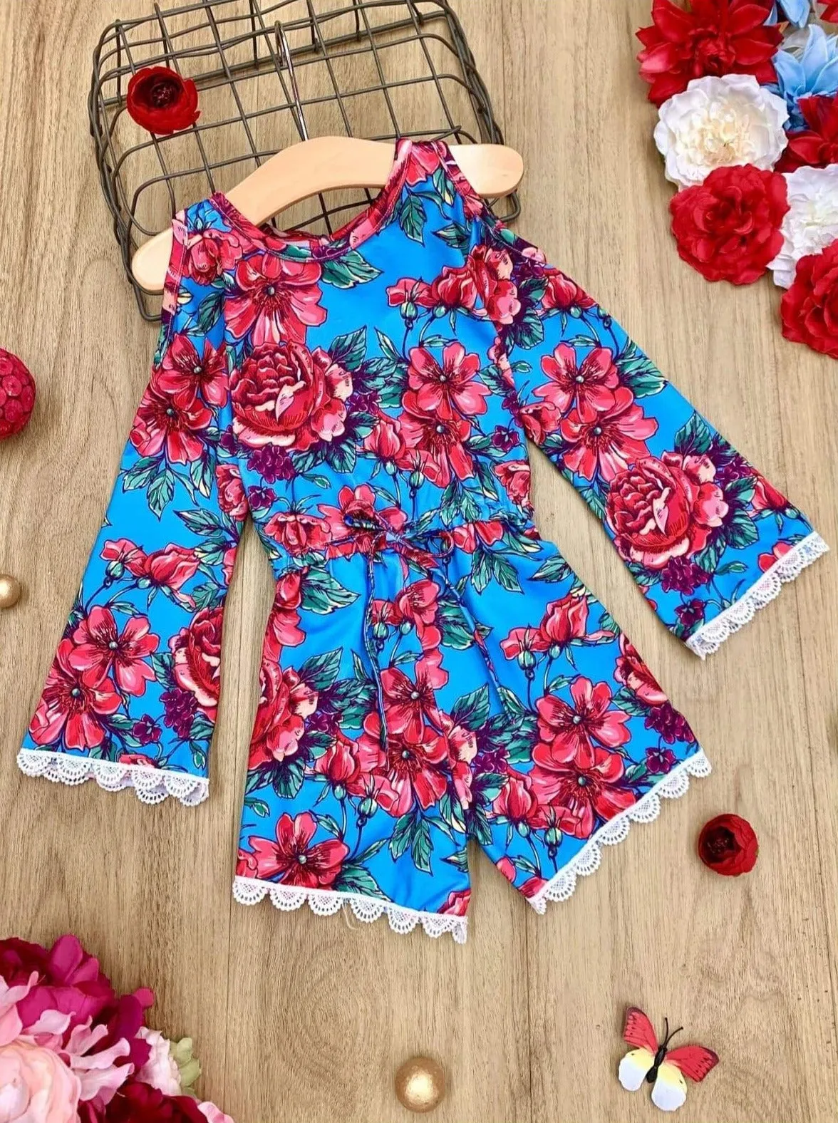 Fancy Flower Cold Shoulder Drawstring Romper