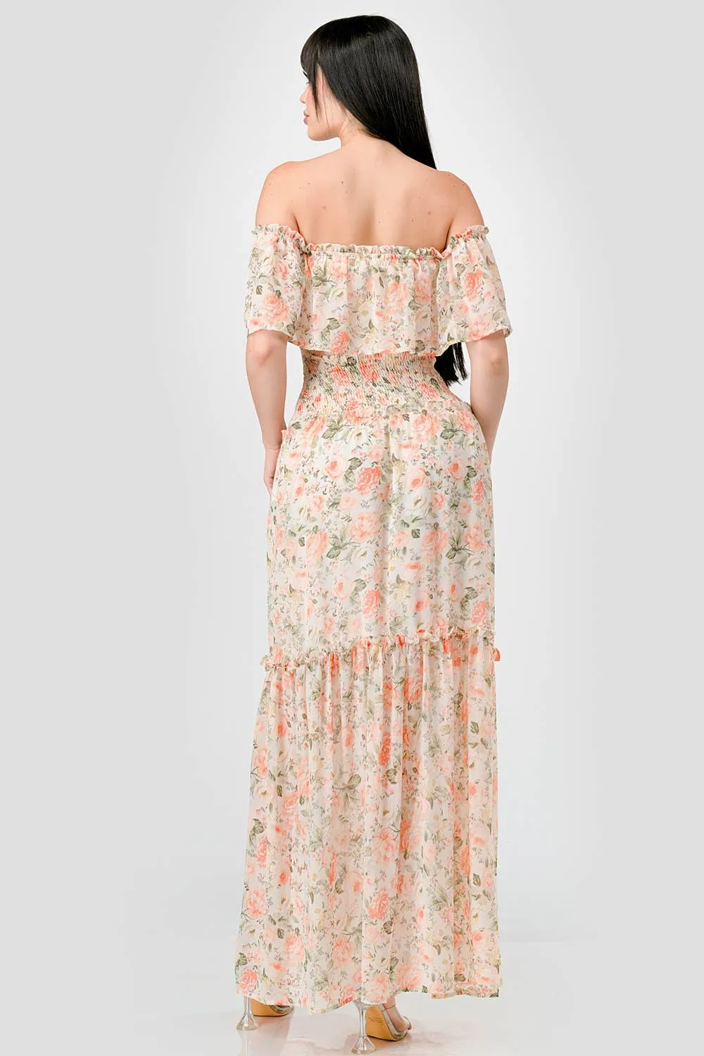 FLORAL CHIFFON OFF SHOULDER RUFFLED MAXI DRESS