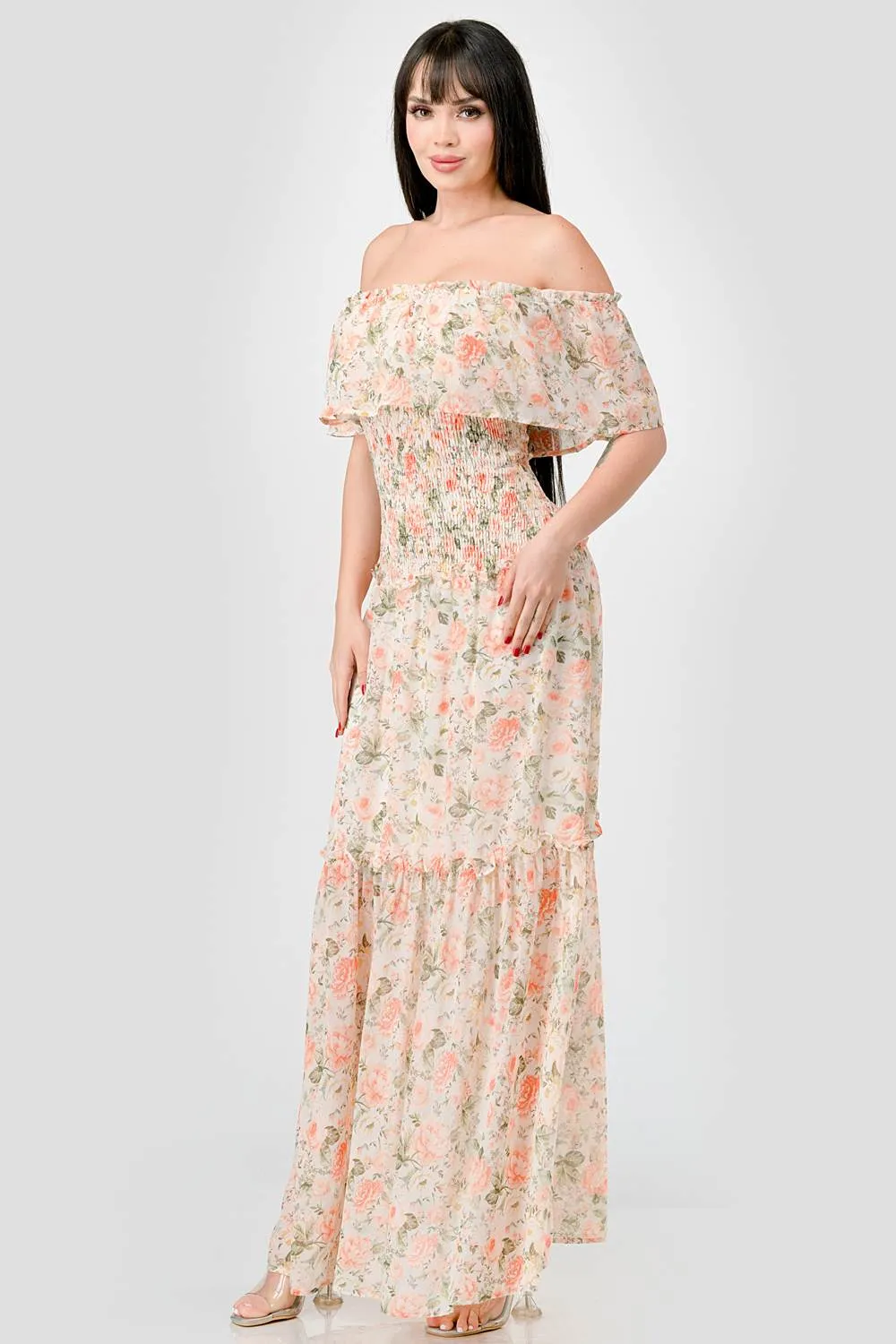 FLORAL CHIFFON OFF SHOULDER RUFFLED MAXI DRESS