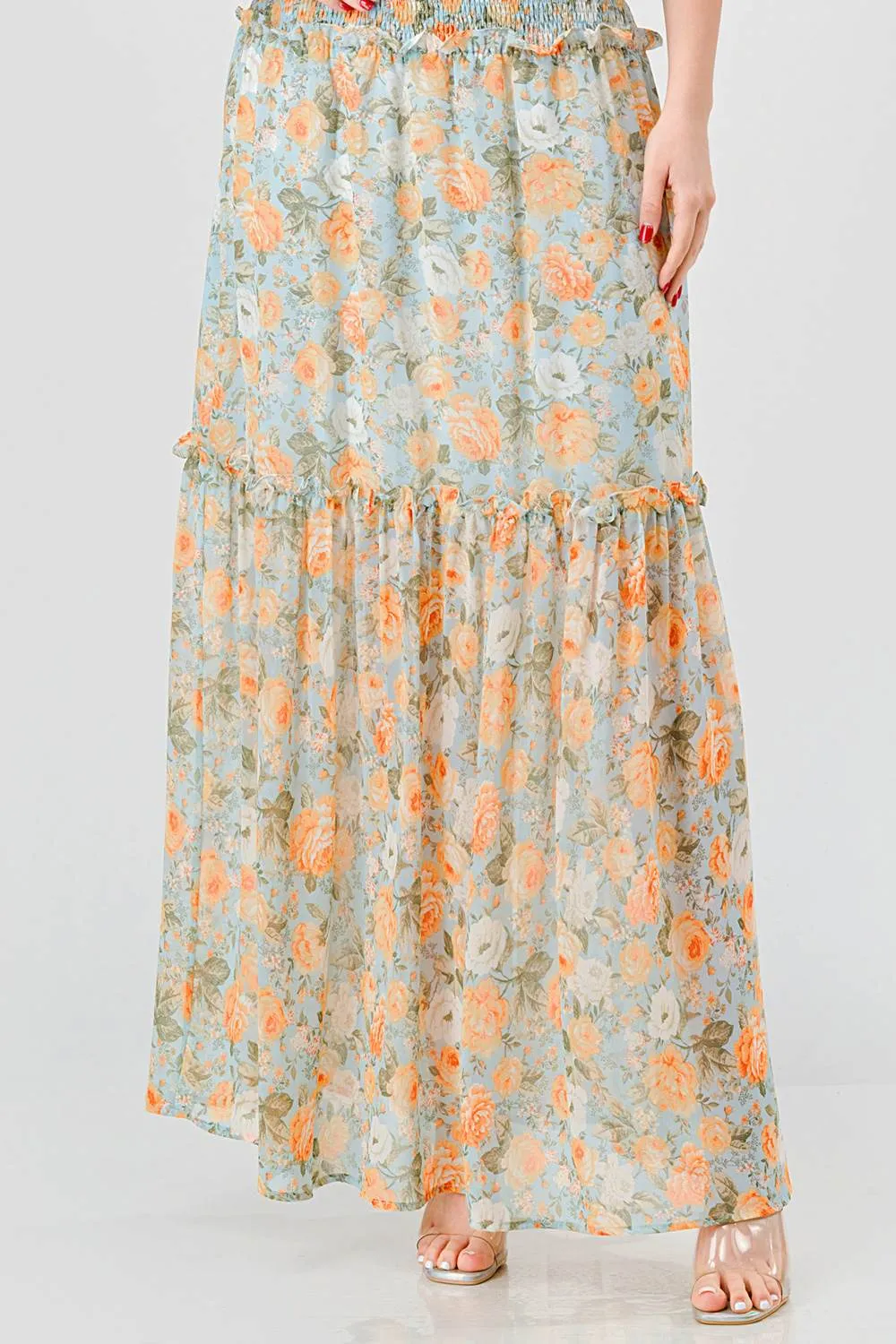 FLORAL CHIFFON OFF SHOULDER RUFFLED MAXI DRESS