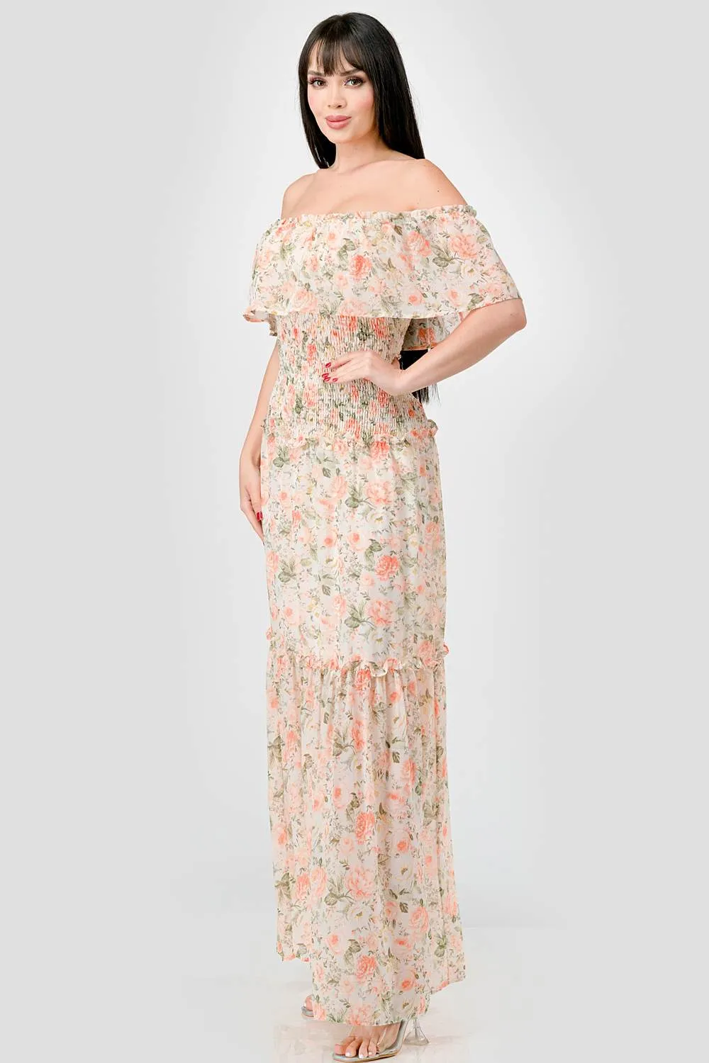 FLORAL CHIFFON OFF SHOULDER RUFFLED MAXI DRESS