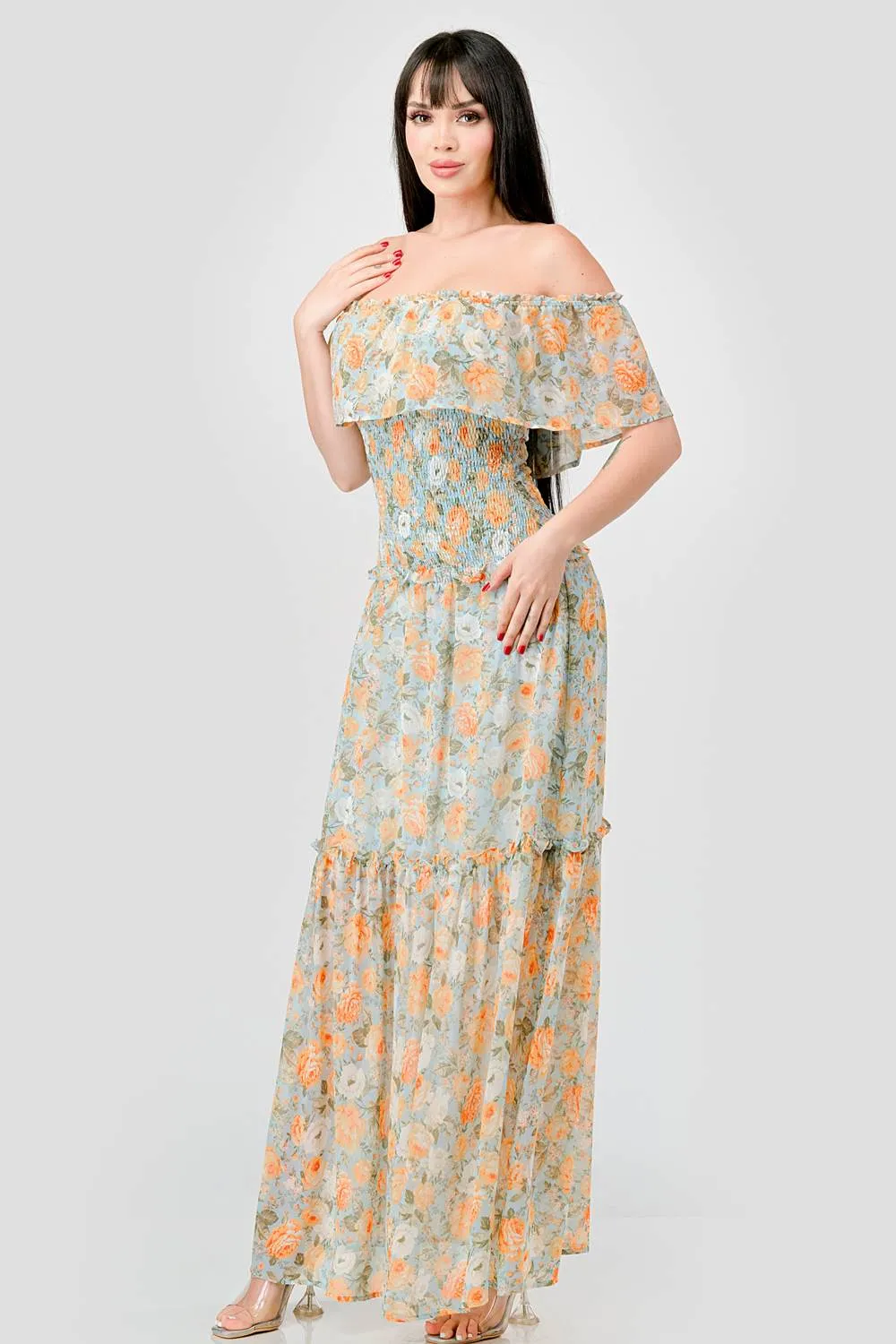 FLORAL CHIFFON OFF SHOULDER RUFFLED MAXI DRESS