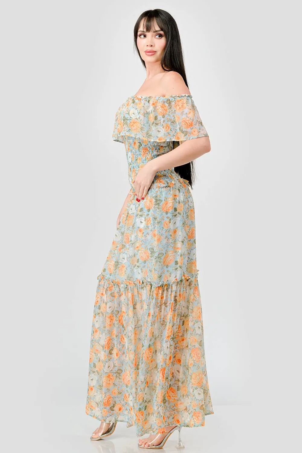 FLORAL CHIFFON OFF SHOULDER RUFFLED MAXI DRESS