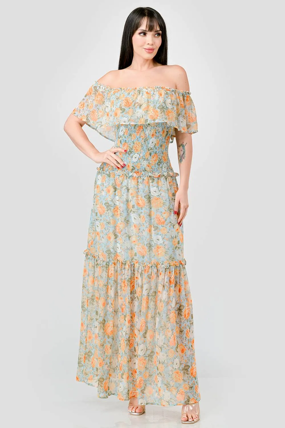 FLORAL CHIFFON OFF SHOULDER RUFFLED MAXI DRESS