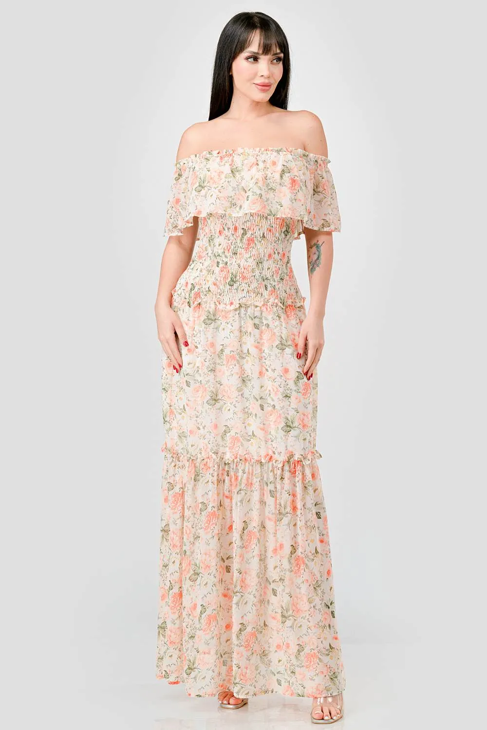 FLORAL CHIFFON OFF SHOULDER RUFFLED MAXI DRESS