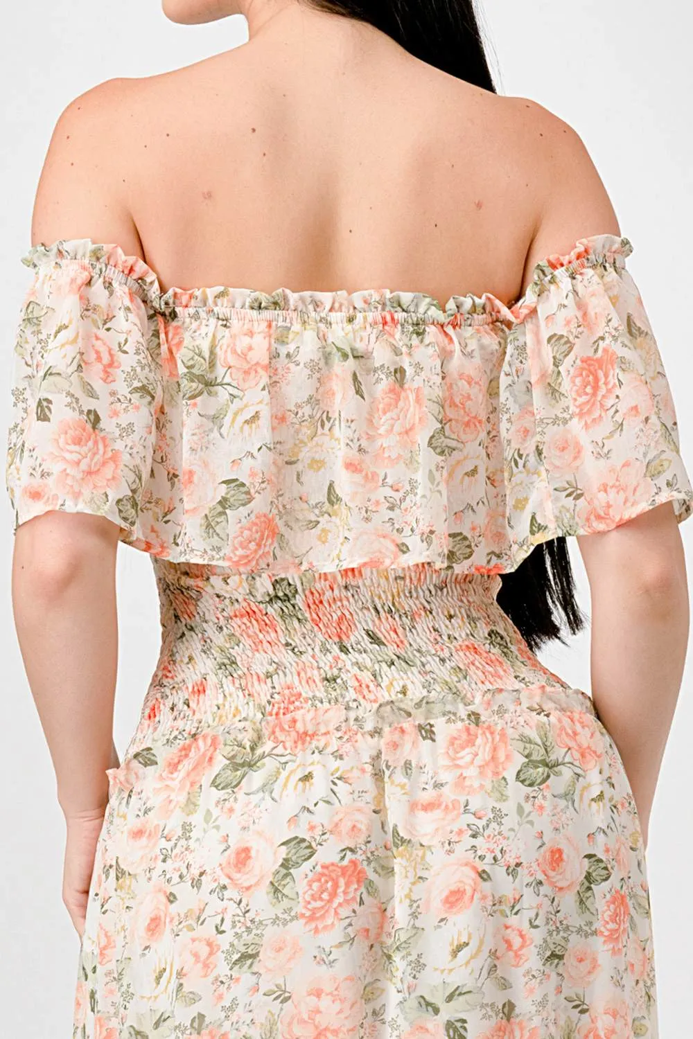 FLORAL CHIFFON OFF SHOULDER RUFFLED MAXI DRESS