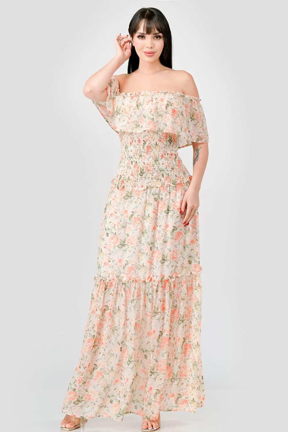 FLORAL CHIFFON OFF SHOULDER RUFFLED MAXI DRESS