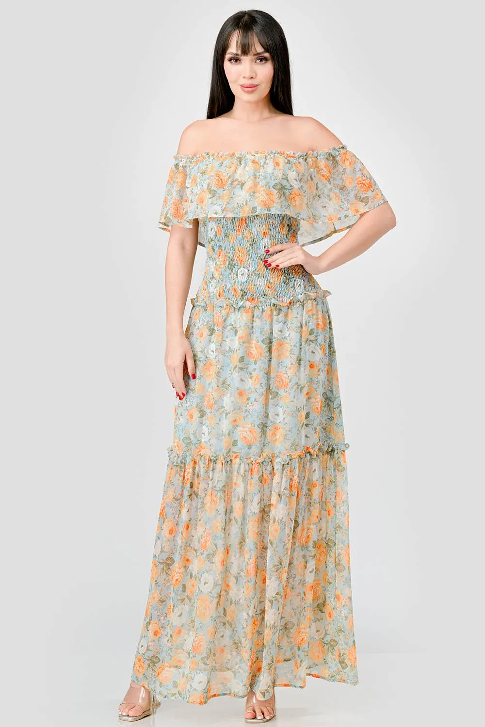 FLORAL CHIFFON OFF SHOULDER RUFFLED MAXI DRESS