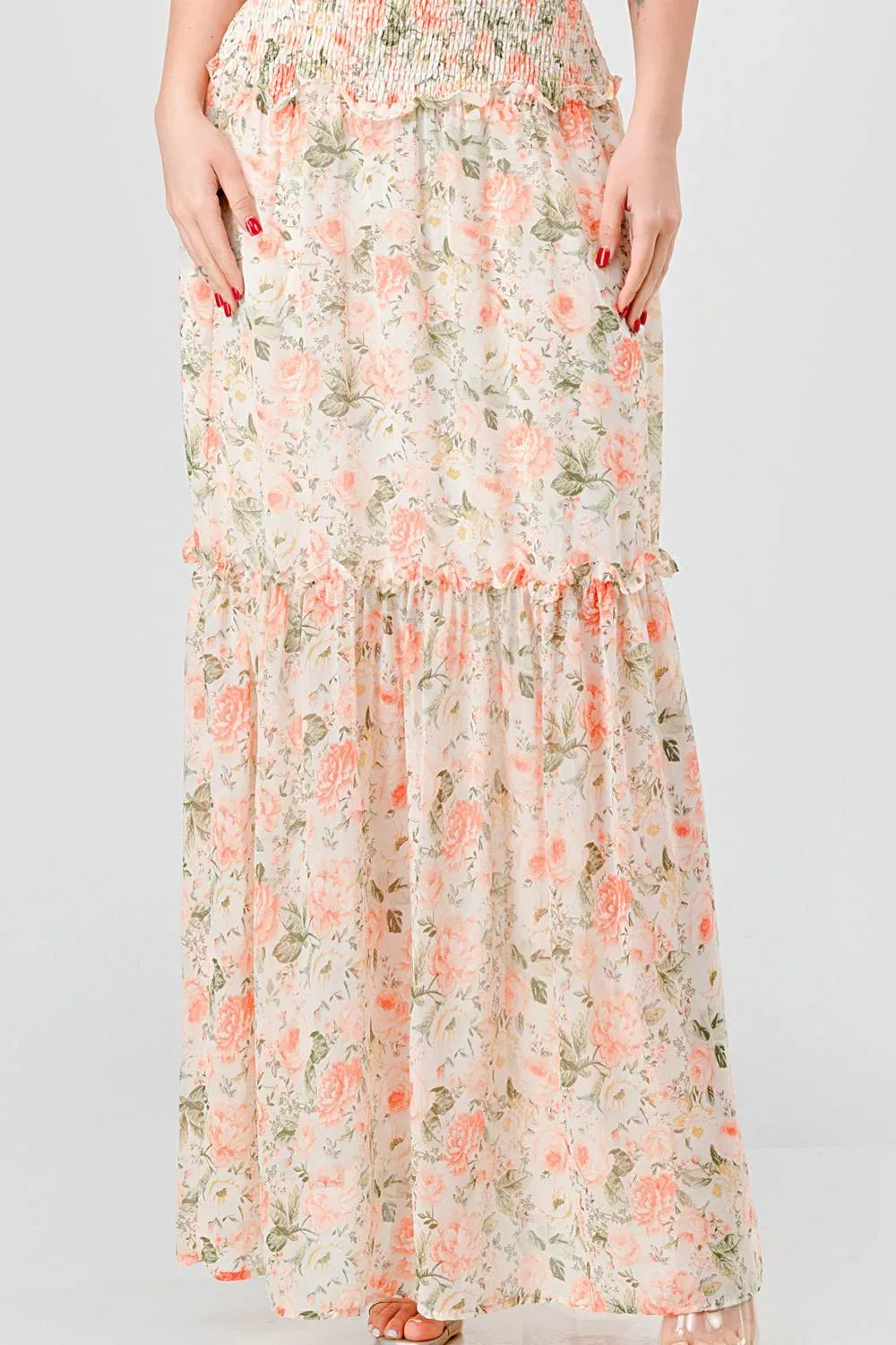 FLORAL CHIFFON OFF SHOULDER RUFFLED MAXI DRESS