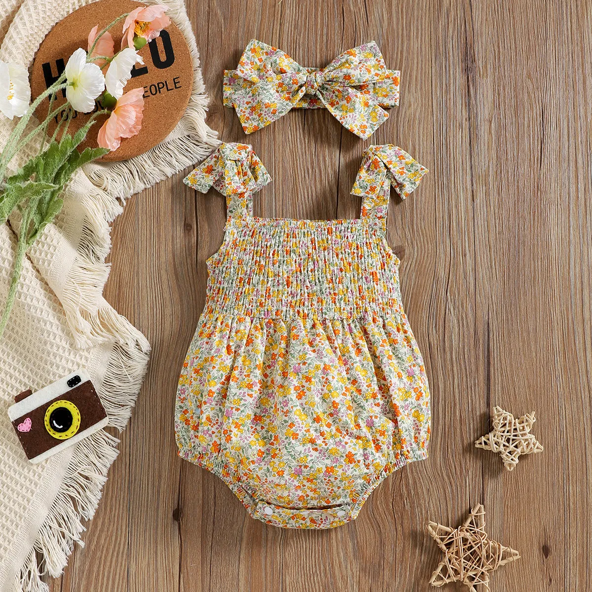 Floral Strap Smocking One-piece Romper Baby Girl Rompers