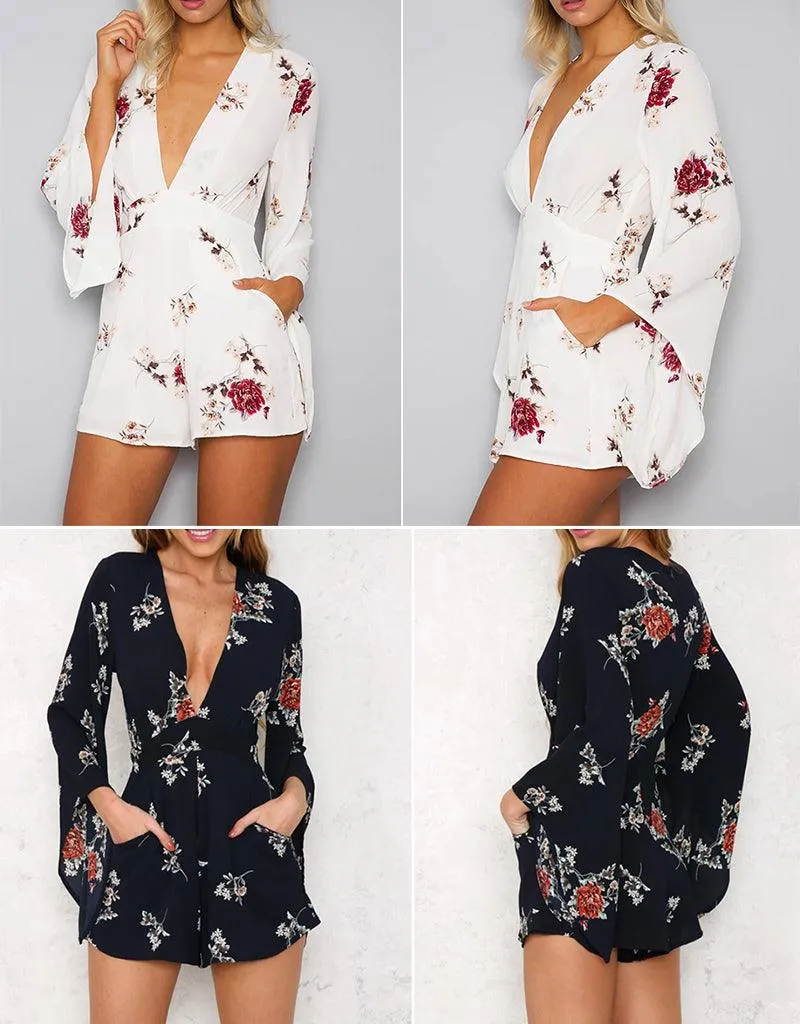 FLORAL V-NECK FLARE SLEEVE ROMPER