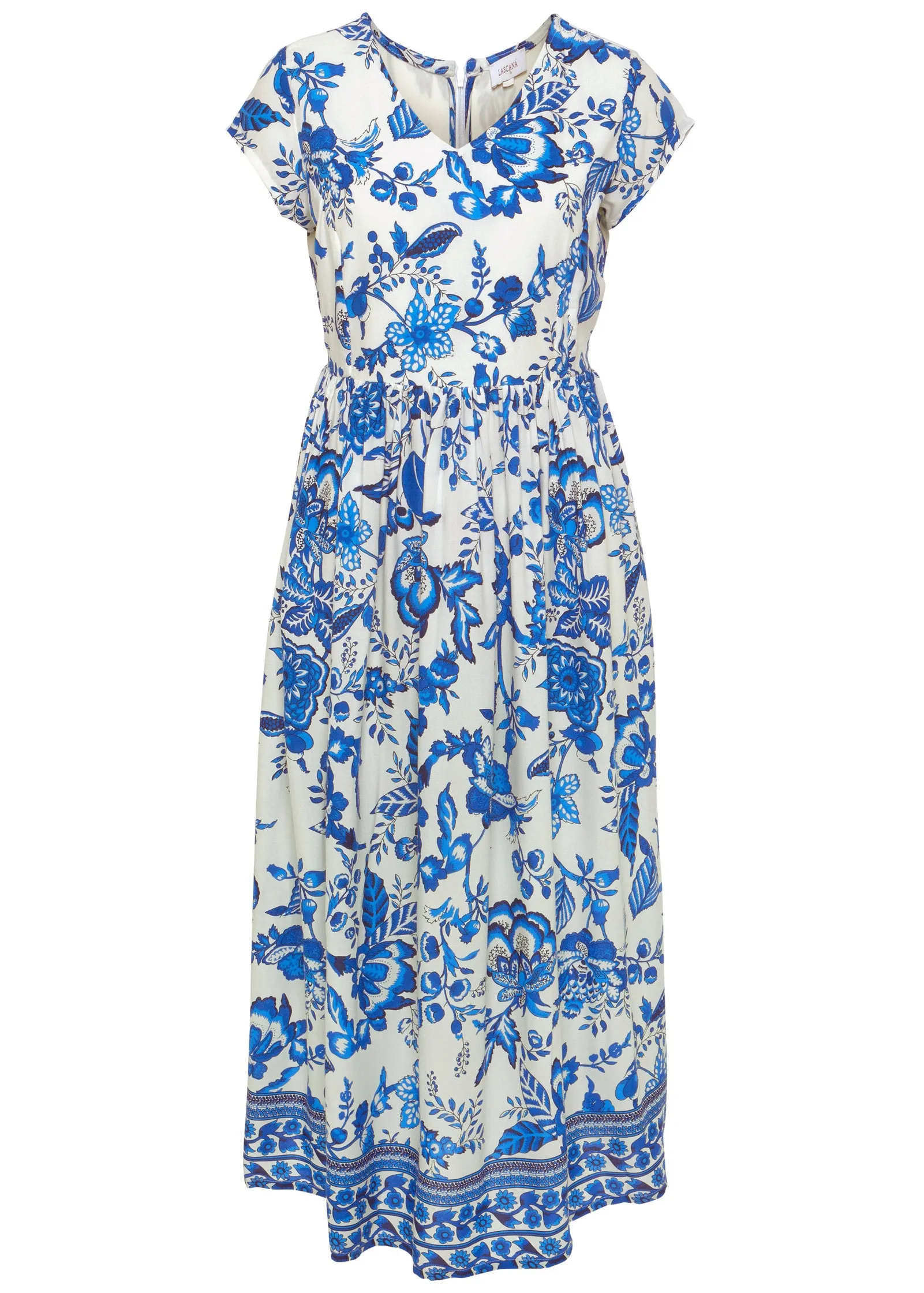 Floral V-Neck Midi Dress - Blue & White