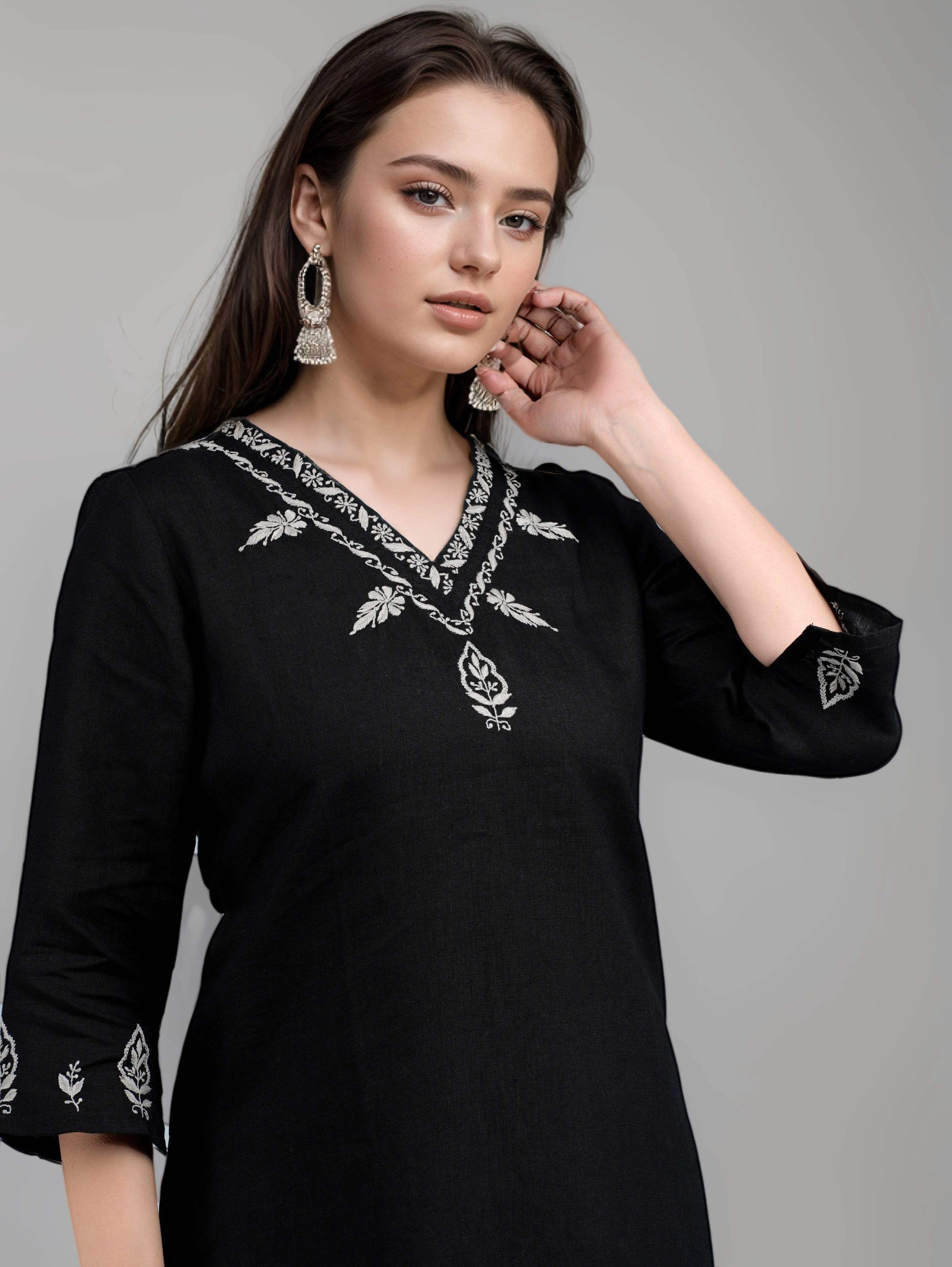 GARVI Linen-Cotton Hand Embroidered Tunic Kurti: Made to Order/Customizable