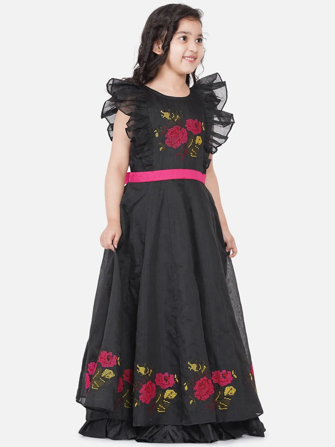 Girl's Black Embroidered Flutter Sleeves Maxi Dress - NOZ2TOZ KIDS