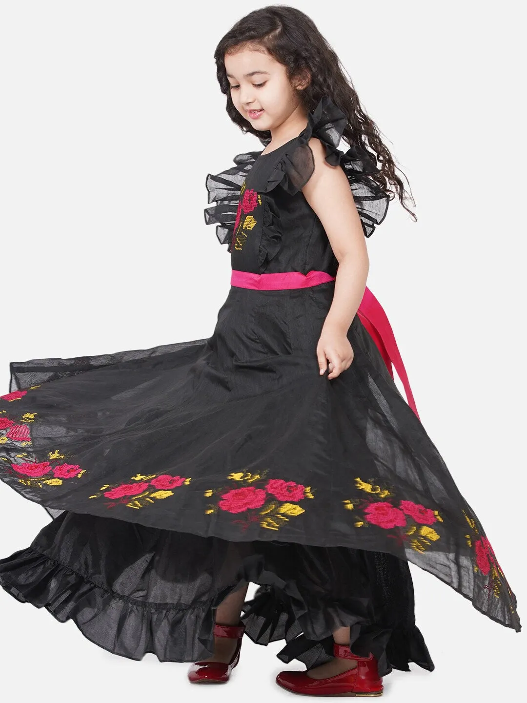 Girl's Black Embroidered Flutter Sleeves Maxi Dress - NOZ2TOZ KIDS