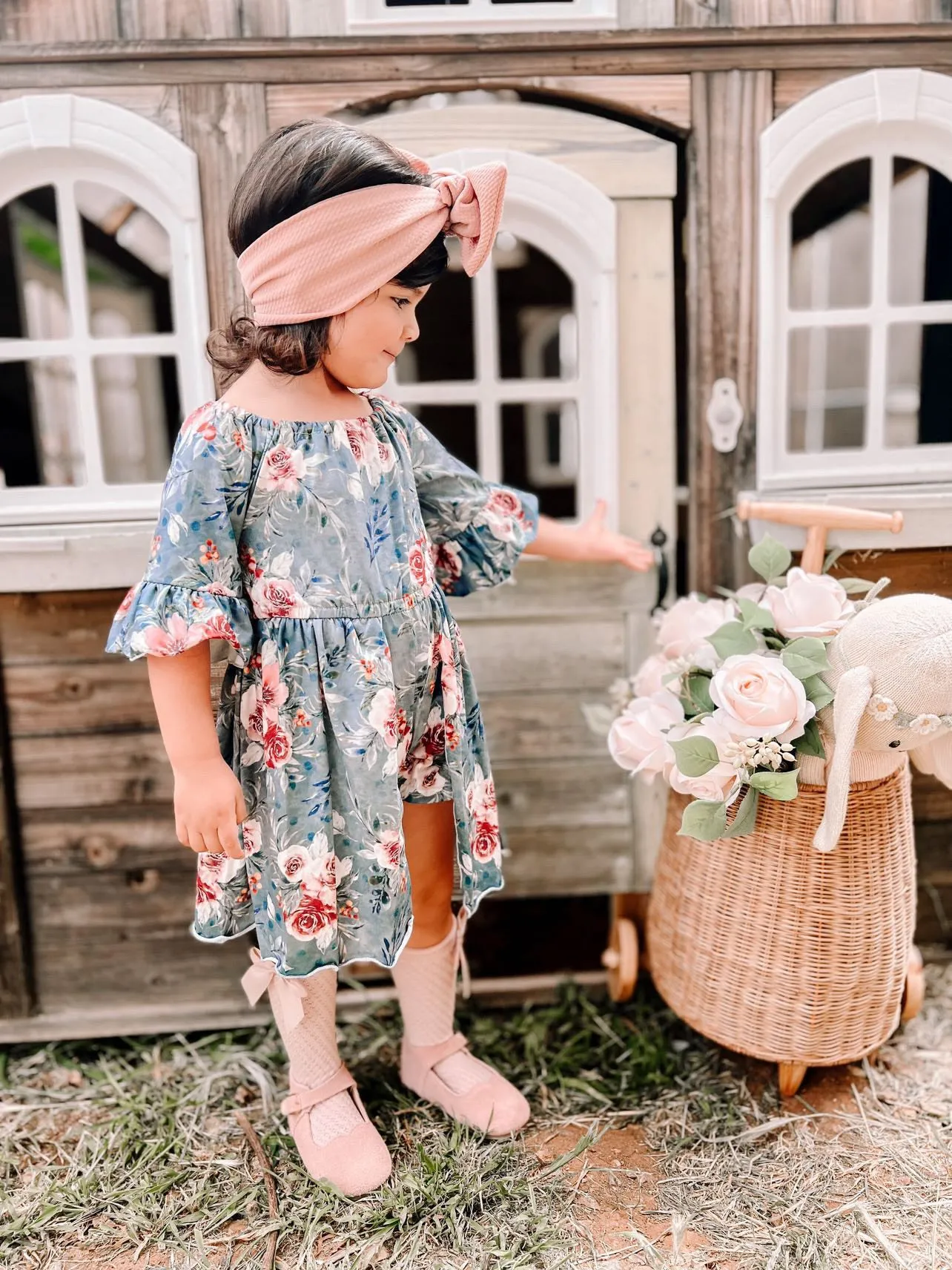 Girls Navy Blue Floral Skirted Romper