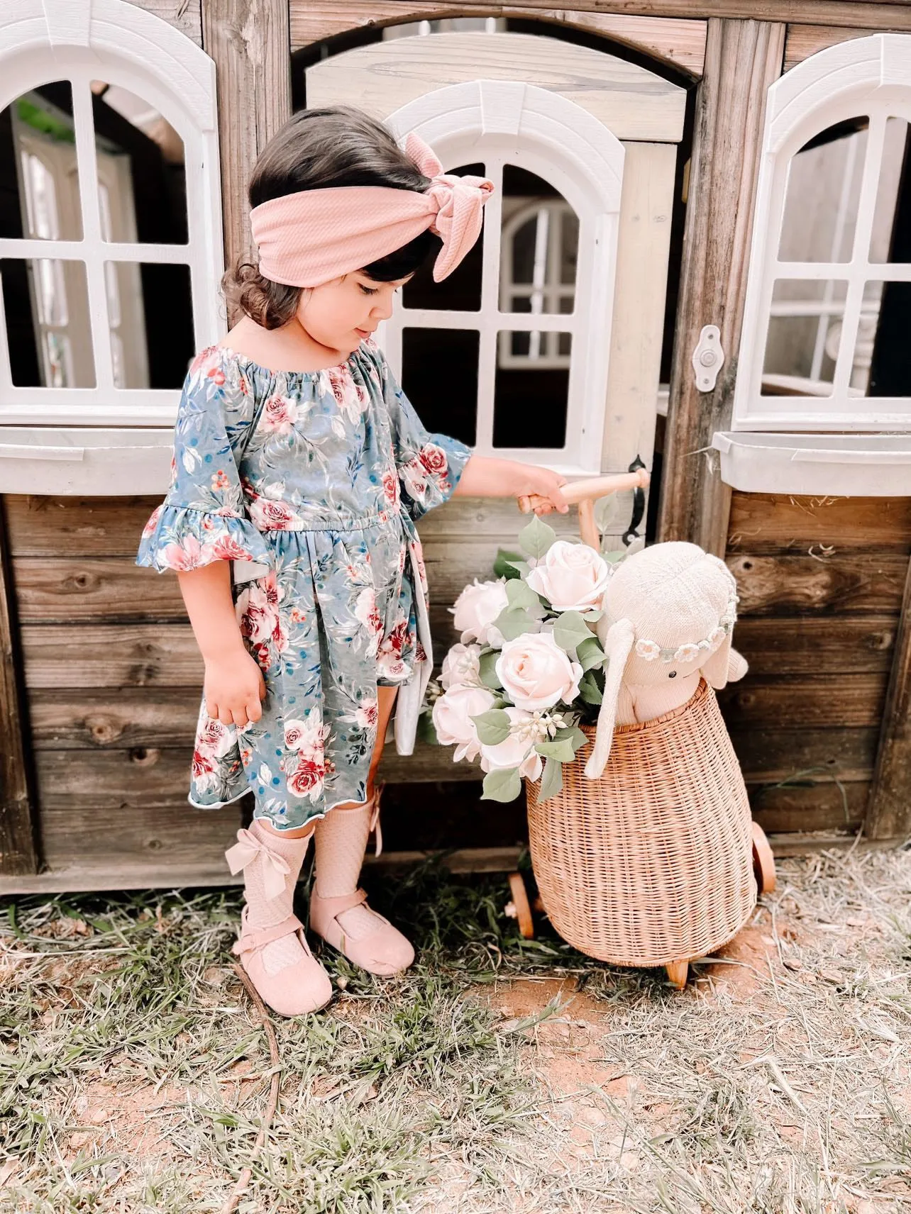 Girls Navy Blue Floral Skirted Romper